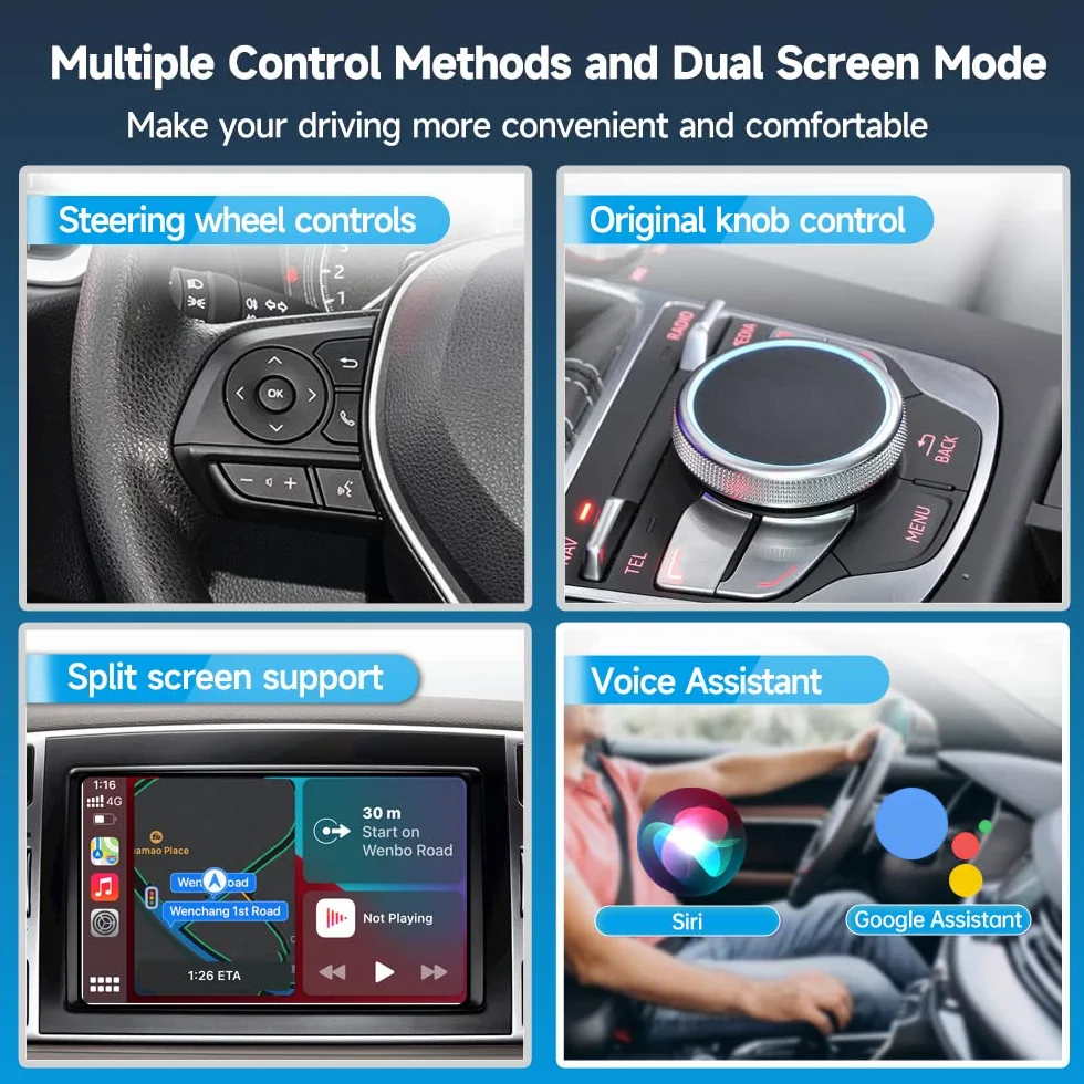 Carlinkit Bezprzewodowy adapter CarPlay 5.0 i Android Auto 2 w 1, do samochodów przewodowych Apple CarPlay lub przewodowych funkcji Android Auto, (rok modelu: 2017 do 2024). Obsługa asystenta
