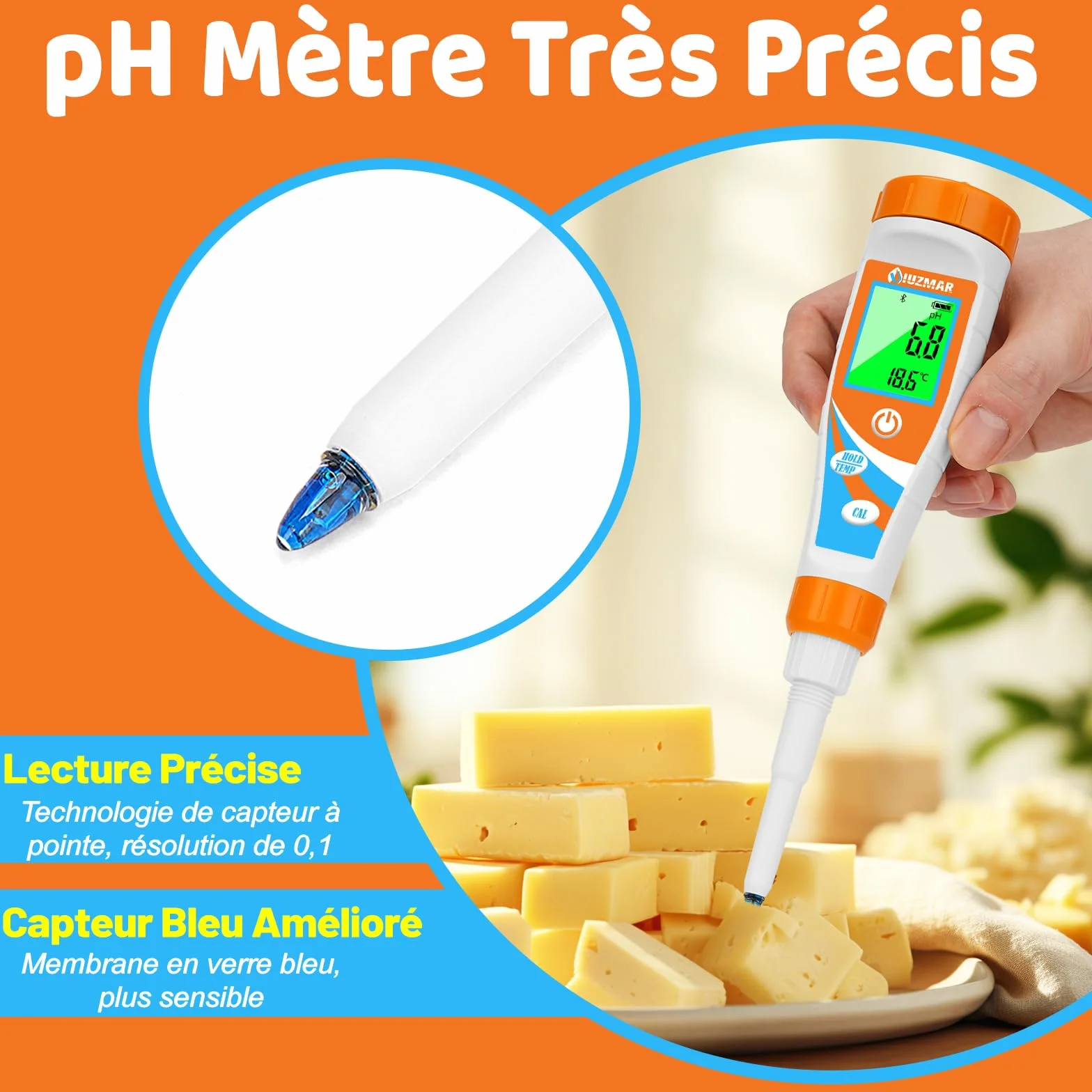 UIUZMAR pH Mètre Intelligent pour Aliments Kit de Test pH pour Levain et Pâte à Pain Testeur de pH Professionnel pH-mètre Numérique pour Piscine, Saucisses, Viande, Fromage Autres solide et Liquide