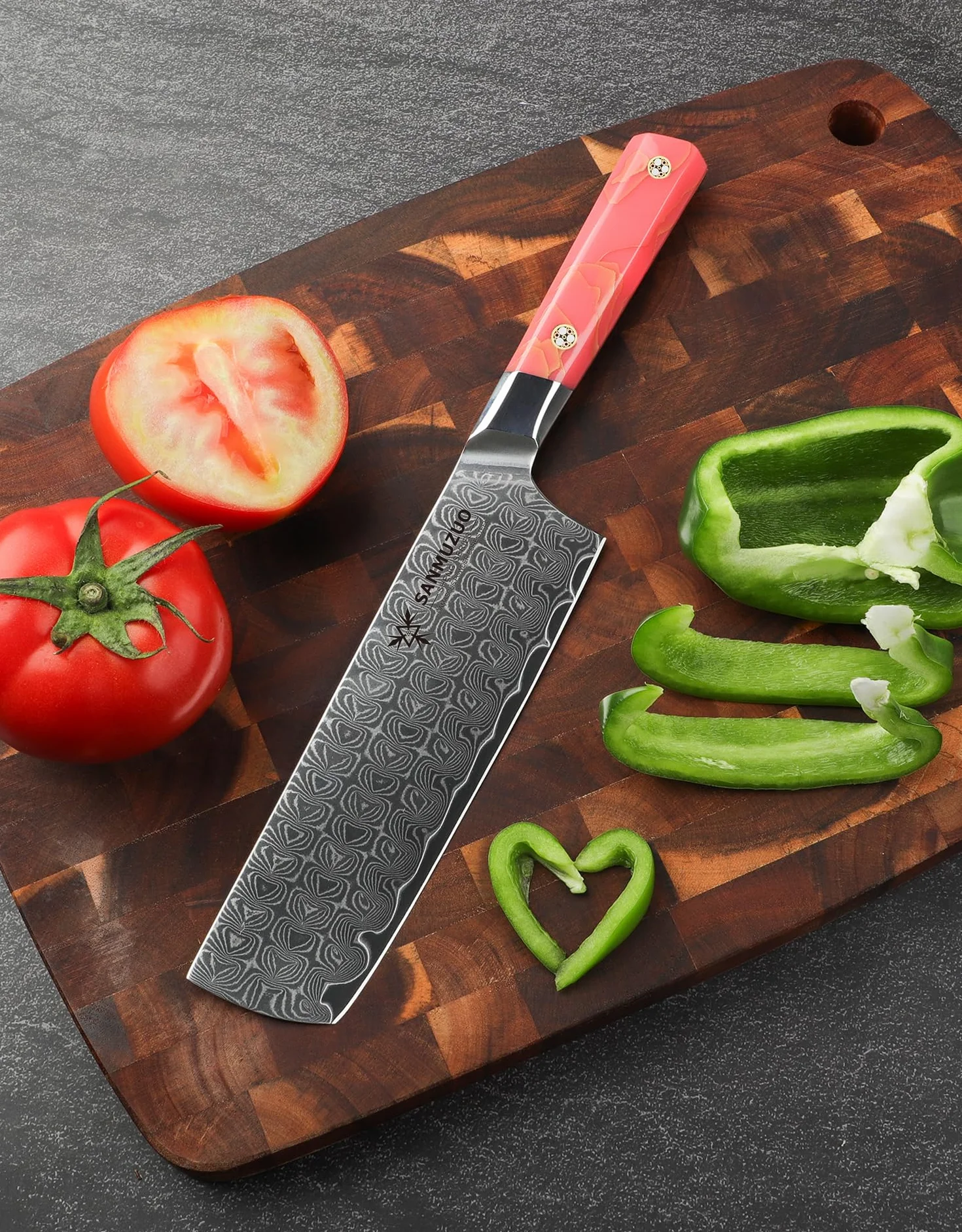 Couteau Nakiri 18 cm, couteau de cuisine professionnel, acier Damas ultra tranchant avec manche en résine pleine soie, série SHENG