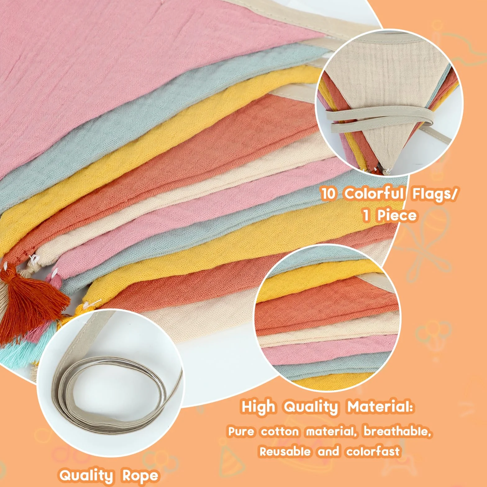 Guirlande de Fanions pour Chambre d'enfant, 2.6m Chaîne de Fanions Coton Mousseline avec Glands, Décoration Lit Fille & Garçon