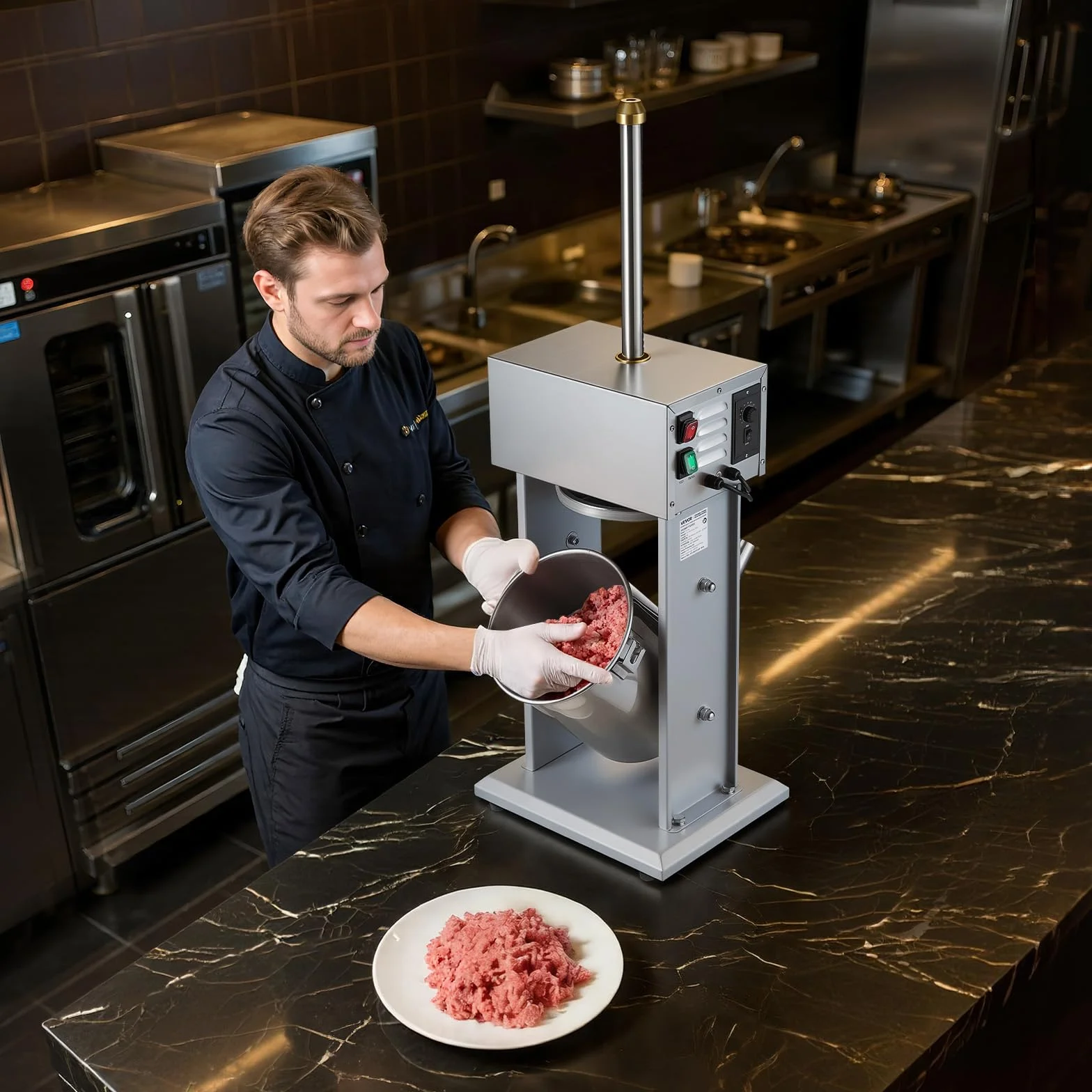 VEVOR Poussoir à Saucisses Électrique 10 L, Machine à Saucisses Verticale en Acier Inoxydable, pour Saucissons Restaurant Supermarché Boucherie, Réglage Continu de la Vitesse, 4 Tubes de Remplissage