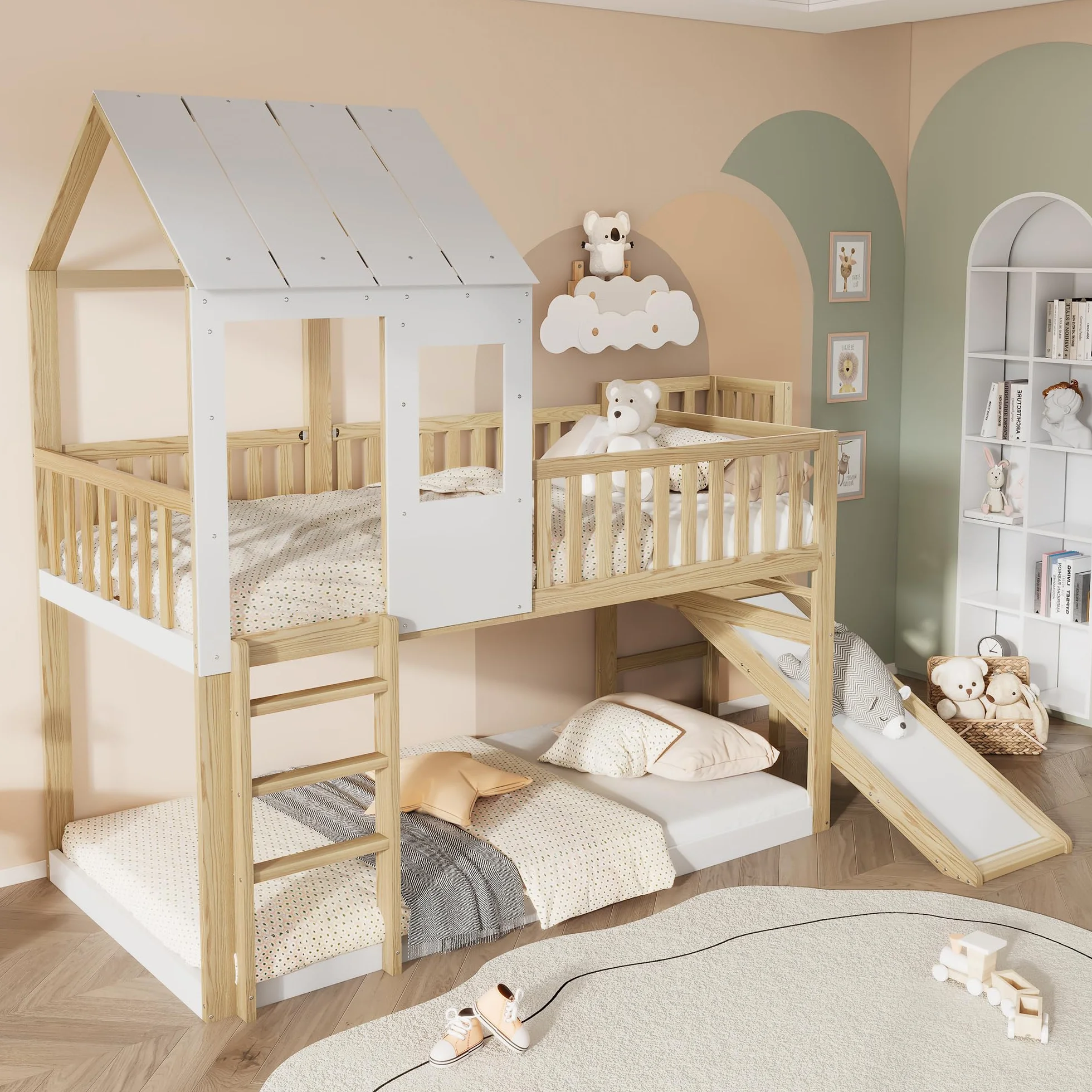 Sapgaks Lit cabane Enfants 90 x 200,lit superposé Enfant antichute,lit Mezzanine 2 Places,avec échelle à Angle Droit et Toboggan, avec Toit et fenêtre,et Grille,Structure en pin,Naturel Blanc
