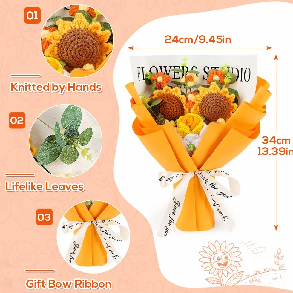 Bouquet de Fleurs au Crochet Tournesol Tenn Well Cadeau Fête des Mères Artificiel Décoration