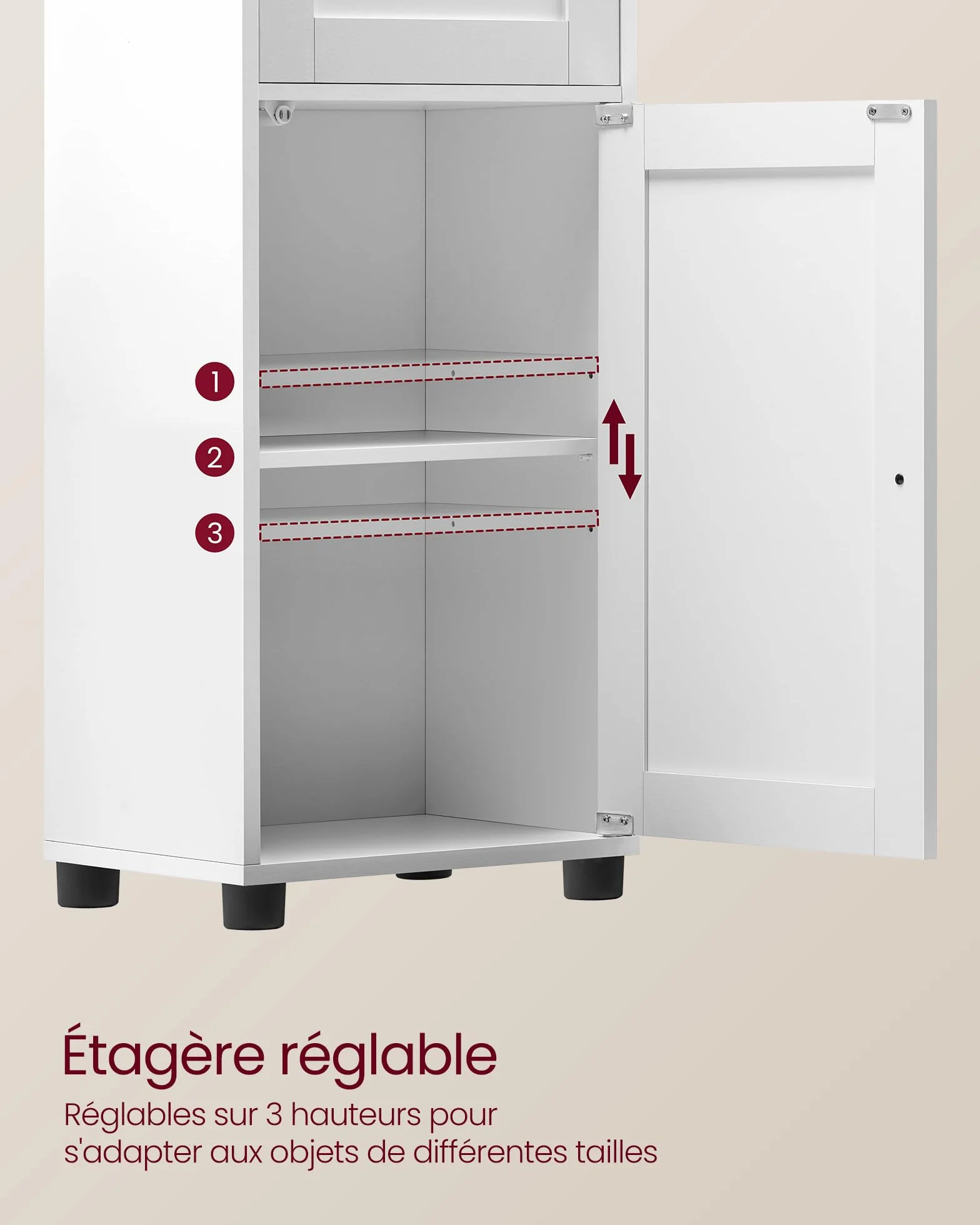 VASAGLE Meuble Salle de Bain, Colonne, Rangement avec Étagères Réglables, Placards à Porte, Tiroir, Compartiment, Gain de Place, Blanc Nuage BBK163W01