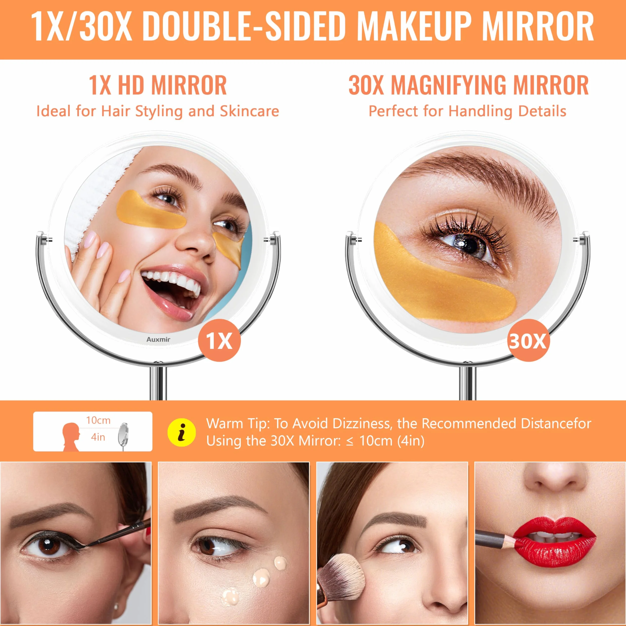 Miroir Maquillage Grossissant 1X 30X Double Face, Miroir de Table avec Support Rotation 360°, Diamètre 17cm