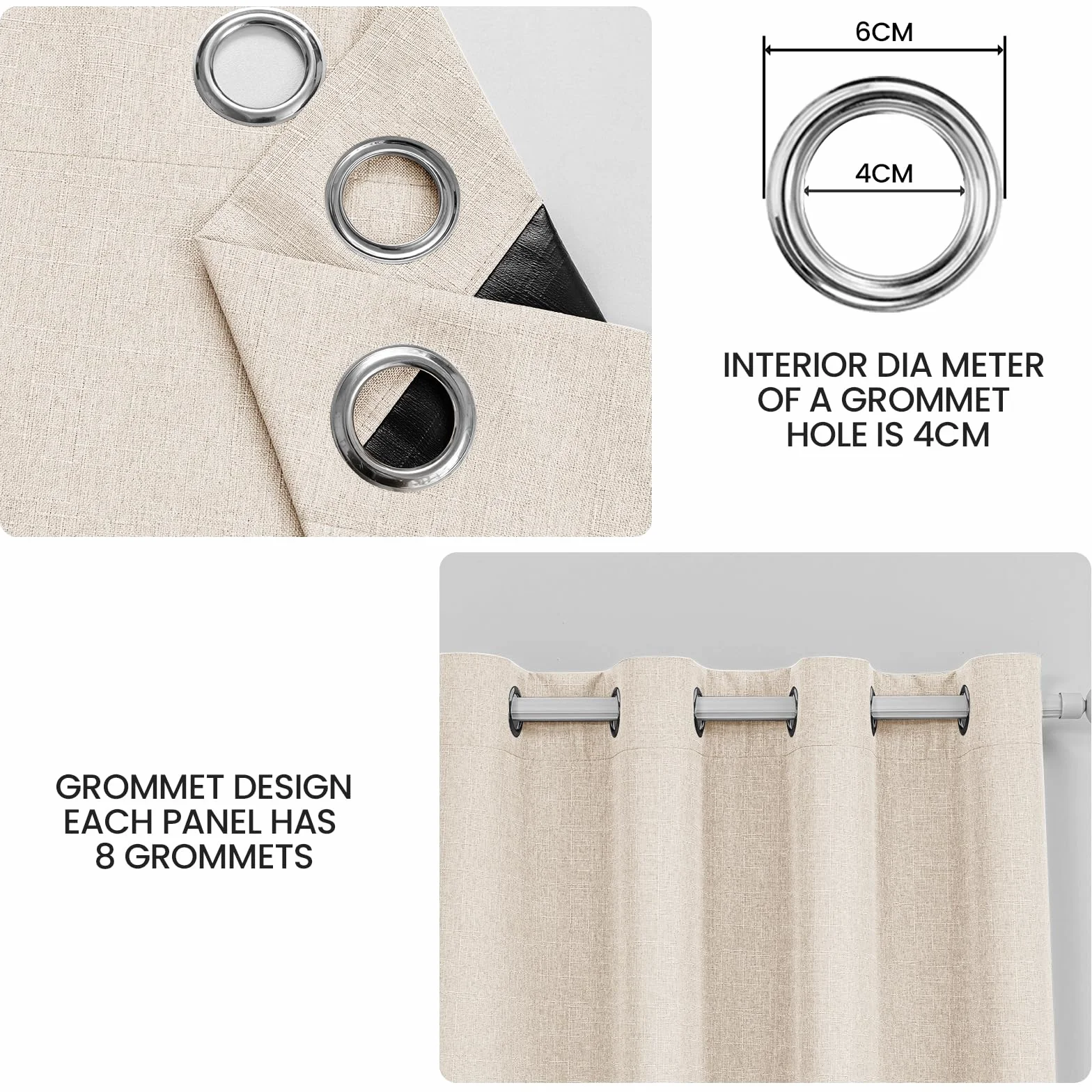 Rideau Occultant Lot de 2 140x200cm Effet Lin Thermique Isolant Anti Froid Chaleur Anti Bruit Anti UV avec Oeillet Beige