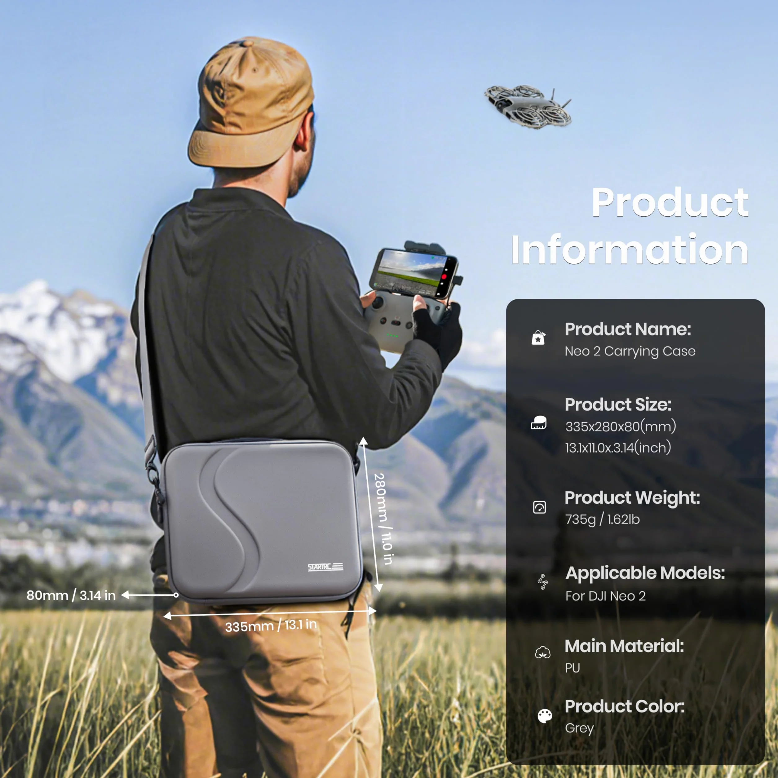 STARTRC Przenośna Torba Ochronna z PU dla DJI Neo 2 Fly More Combo – Etui na Drona, Akumulator, Pilot RC-N3/N i Dwukierunkową Stację Ładowania