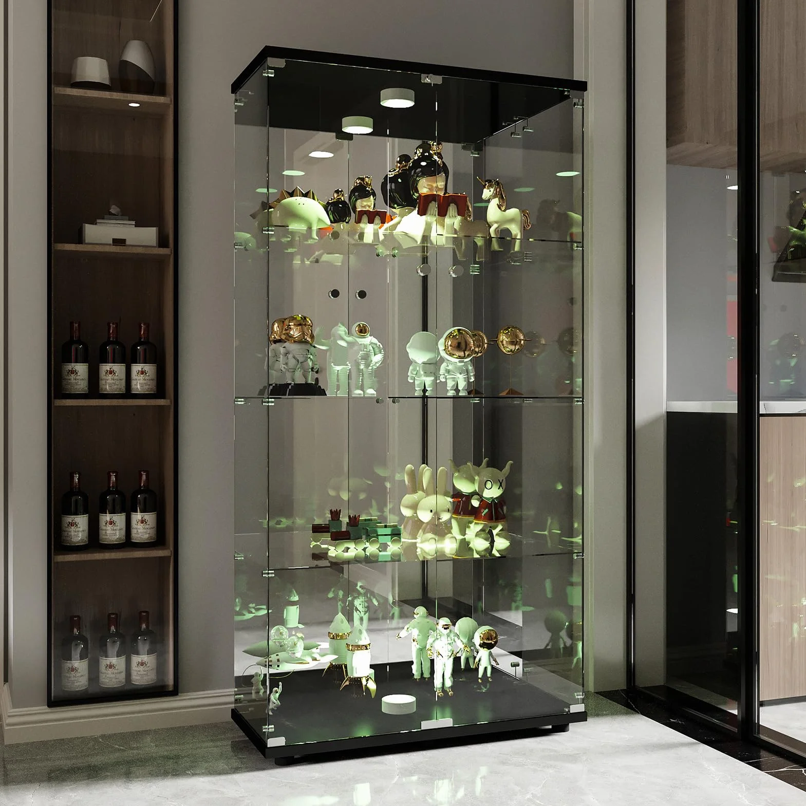 Vitrine en Verre à Miroir avec 4 Étagères, 2 Portes, 164 × 80,5 × 36,5 cm, Collection d'Exposition à Colonne pour Salon avec LED