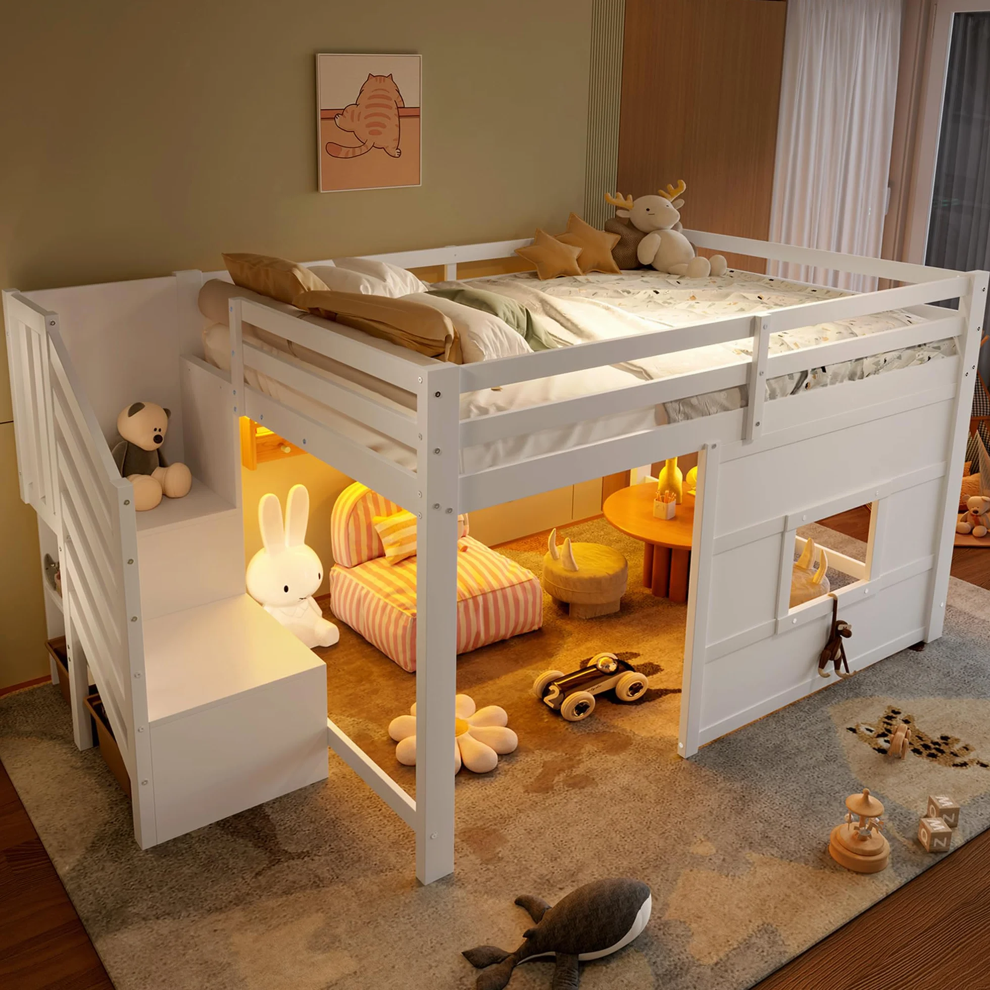 Lit Mezzanine 140x200 cm avec Escalier De Rangement et Fenêtre, Blanc – Lit Superposé Enfant 1 Place, Structure Robust en Pin Massif, Sécurité Garantie, pour Garçon et Fille