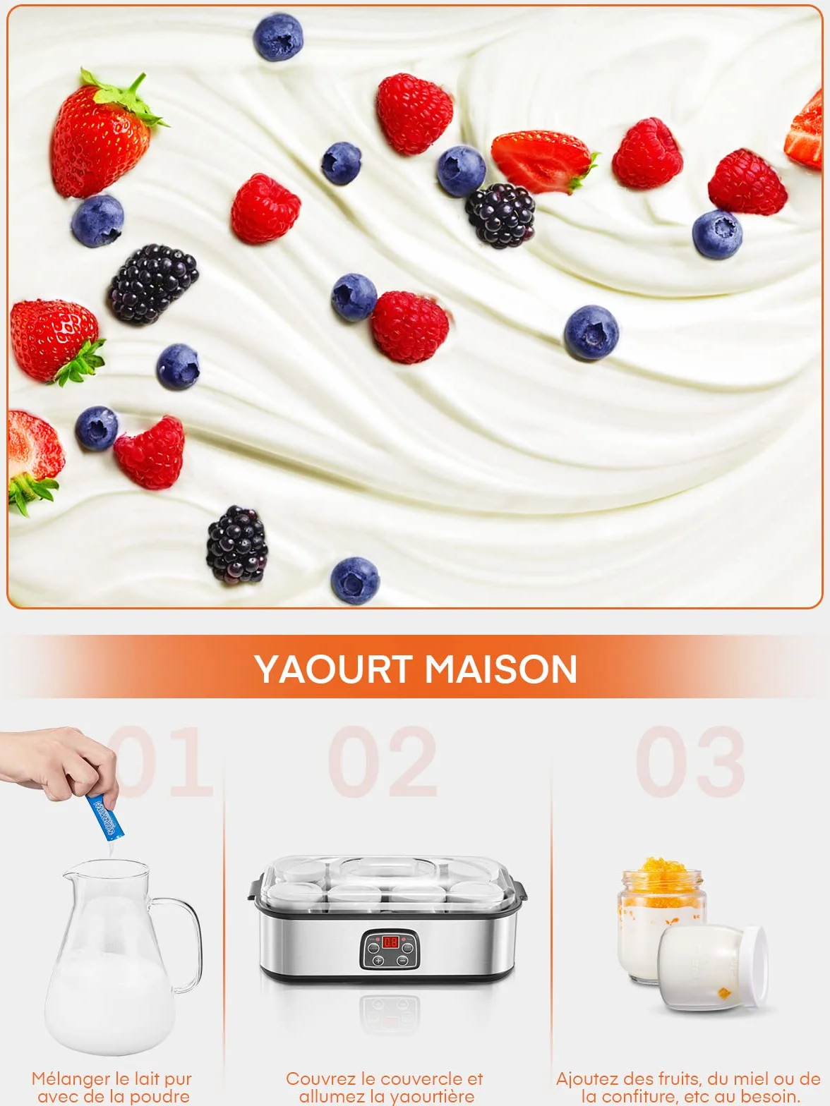 Yaourtière 8 Pots, 180ml Pot en Verre avec Couvercle, Yaourtière avec Écran Numérique, Thermostat Réglable et Minuterie, Arrêt Automatique, Idéal pour Famille et Yaourts Faits Maison