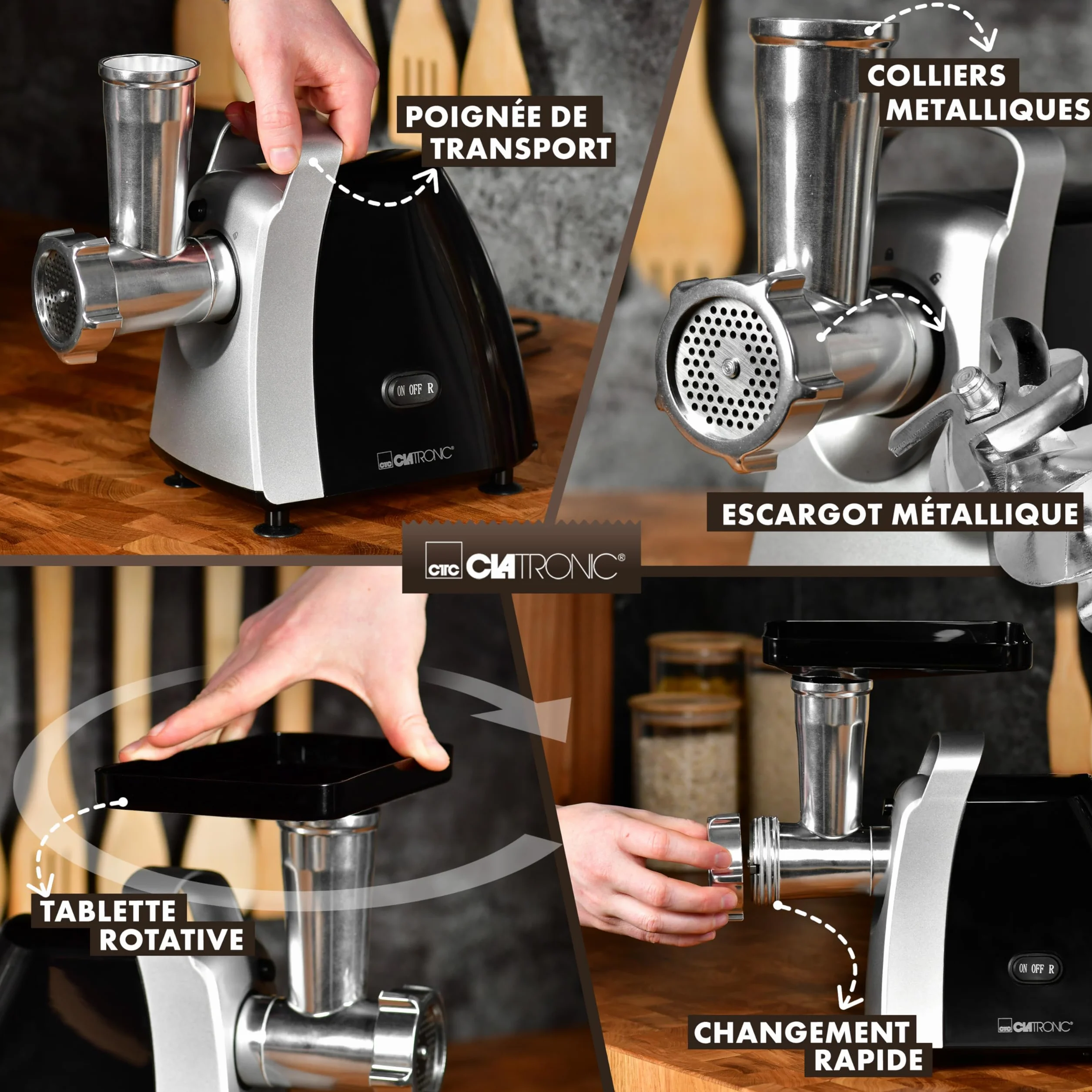 Clatronic® Hachoir à viande 1000 W | avec embout pour biscuits/pâtisseries | Hachoir à viande électrique | 3 disques perforés en métal | marche avant et arrière | avec remplissage à saucisses | cou