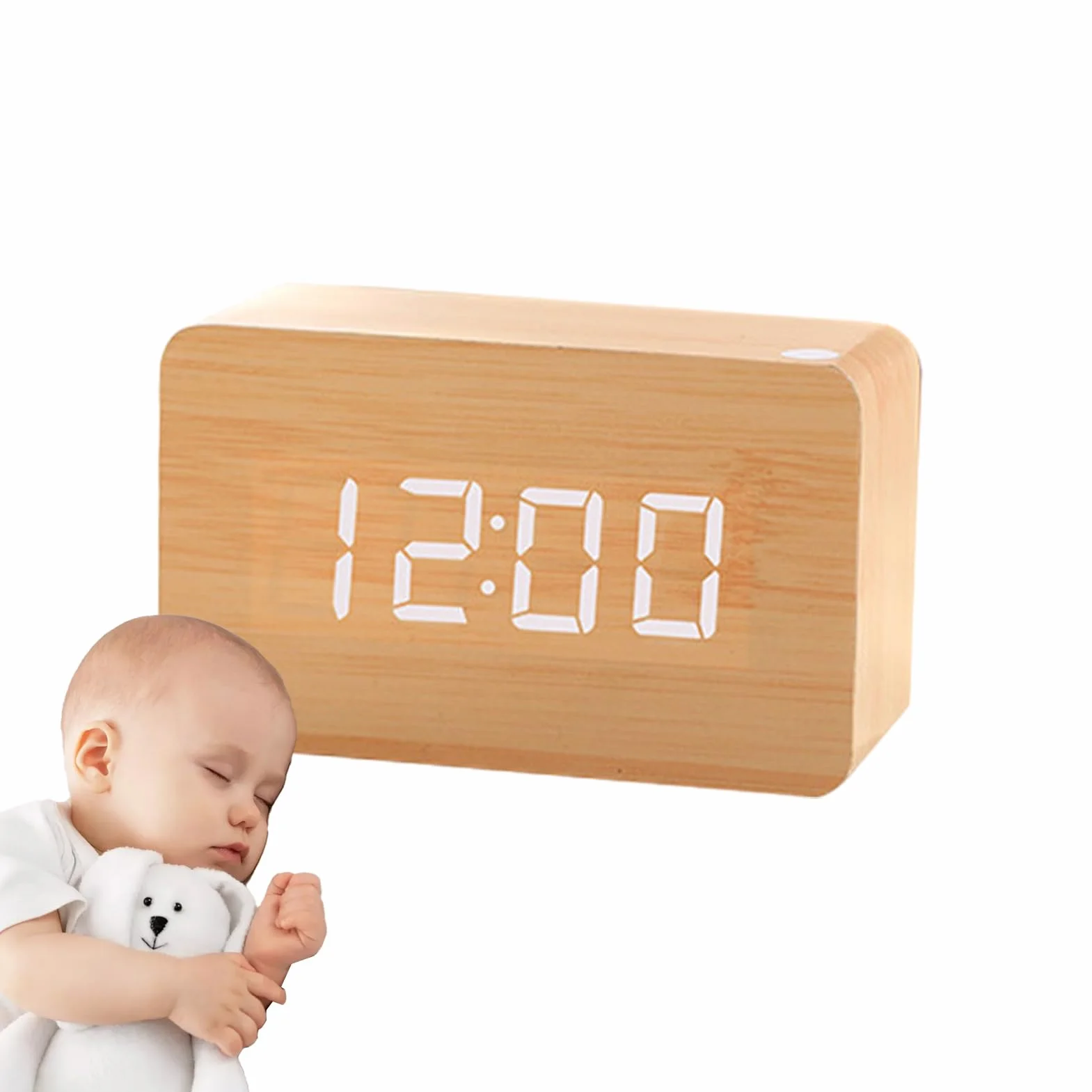 Réveil Numérique en Bois avec LED Intelligente Luminosité Réglable Commande Sonore