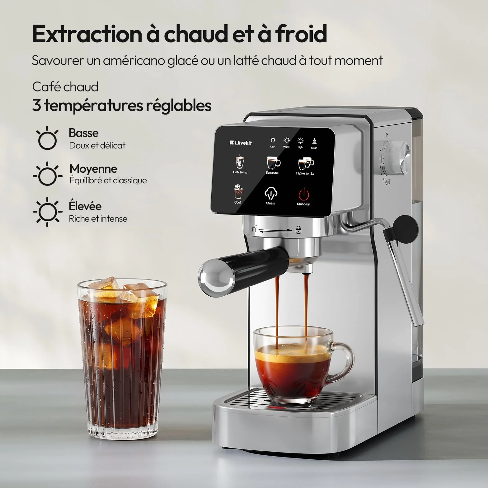 LLIVEKIT Machine à Café Expresso 20 Bars, Mousseur à Lait Intégré, Extraction Chaude & Froide, Double Mode Capsules/Poudre, Réservoir 1,2L, Écran Tactile LED, Acier Inox