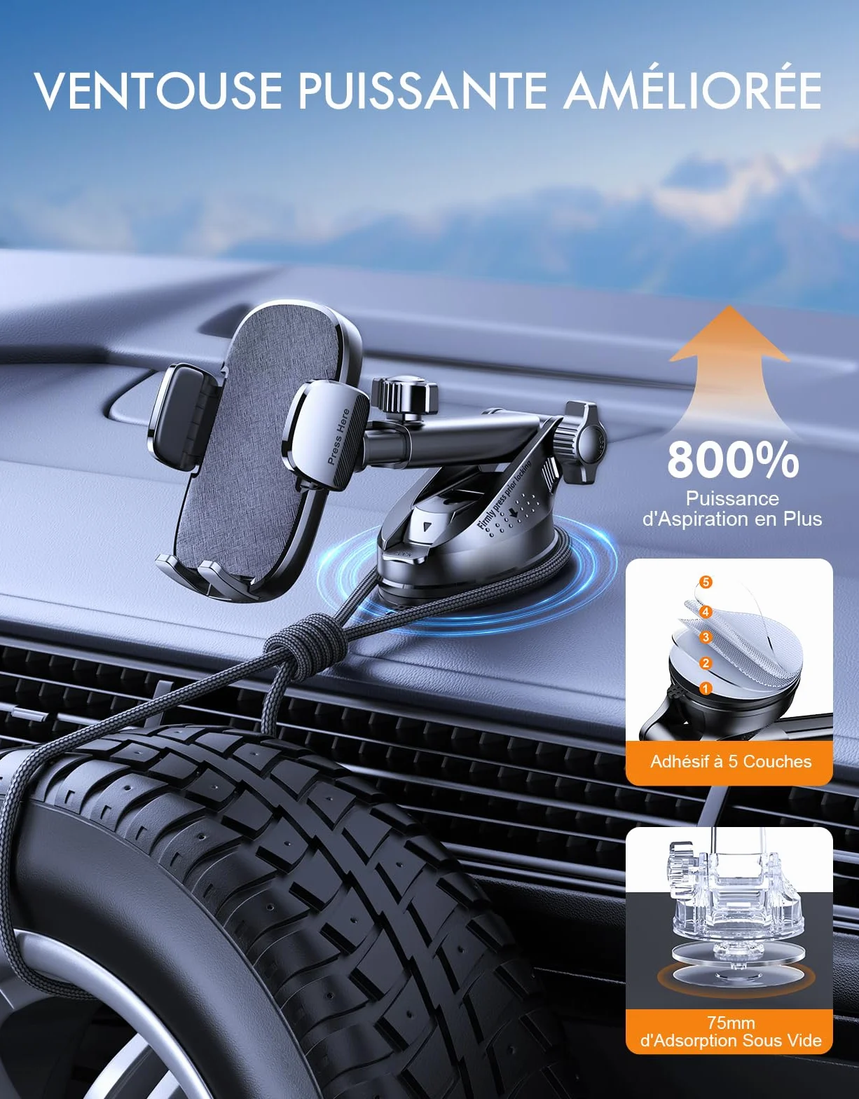 Mohard Support Telephone Voiture Ultra Robuste Orientable 360° Accroche Telephone Ventouse pour Smartphones 4-7"