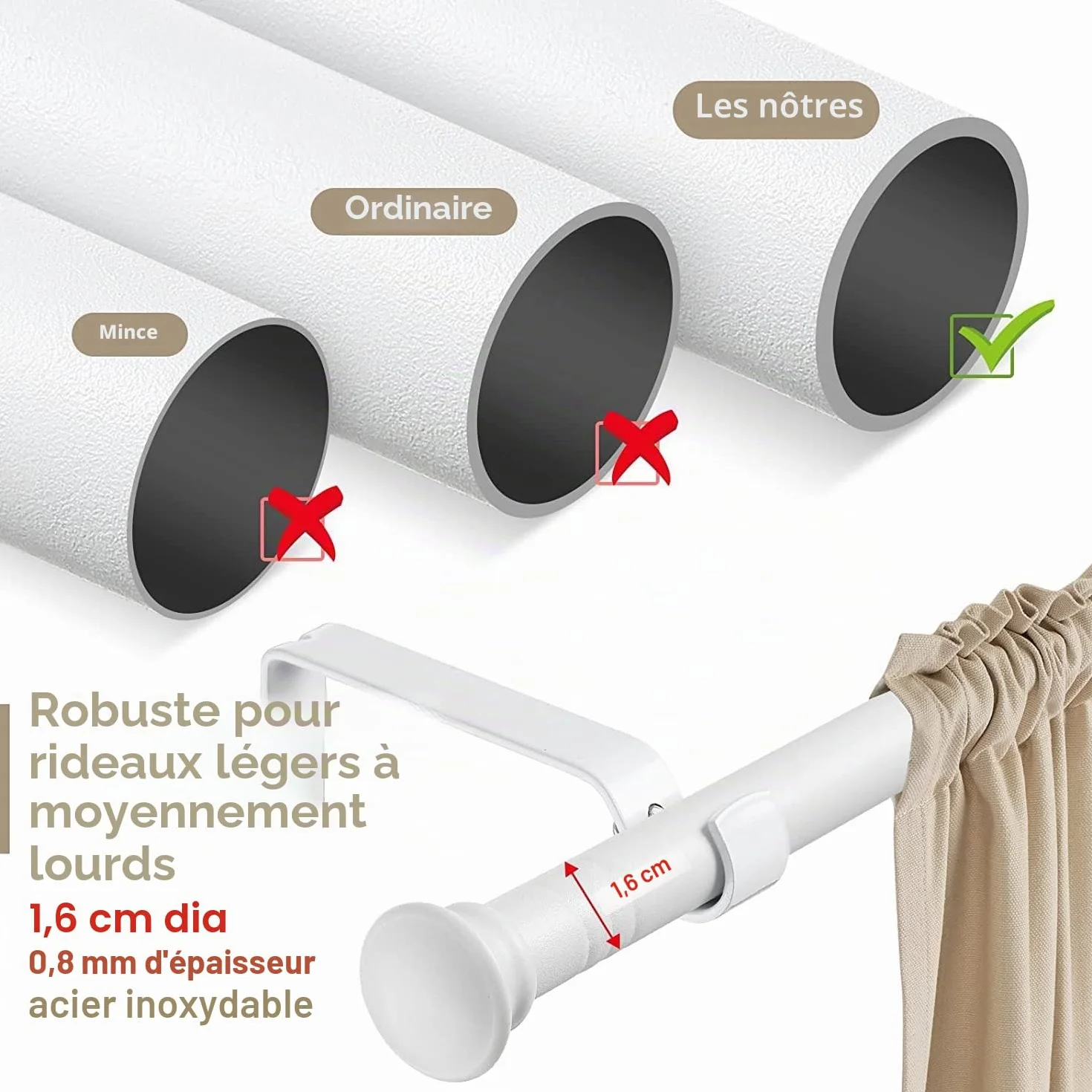 Tringle à Rideaux Extensible 71-472cm Acier Inoxydable 16mm Blanc Mat pour Fenêtre Décorative Salon