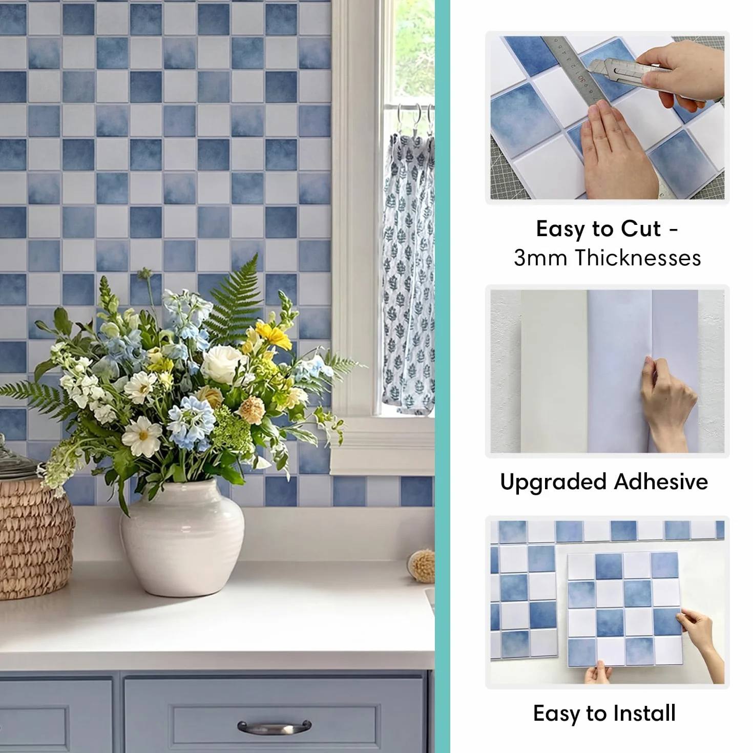 Commomy Autocollants Muraux 3D Bleu et Blanc 30x30 cm PVC Carreaux de Cuisine Salle de Bain