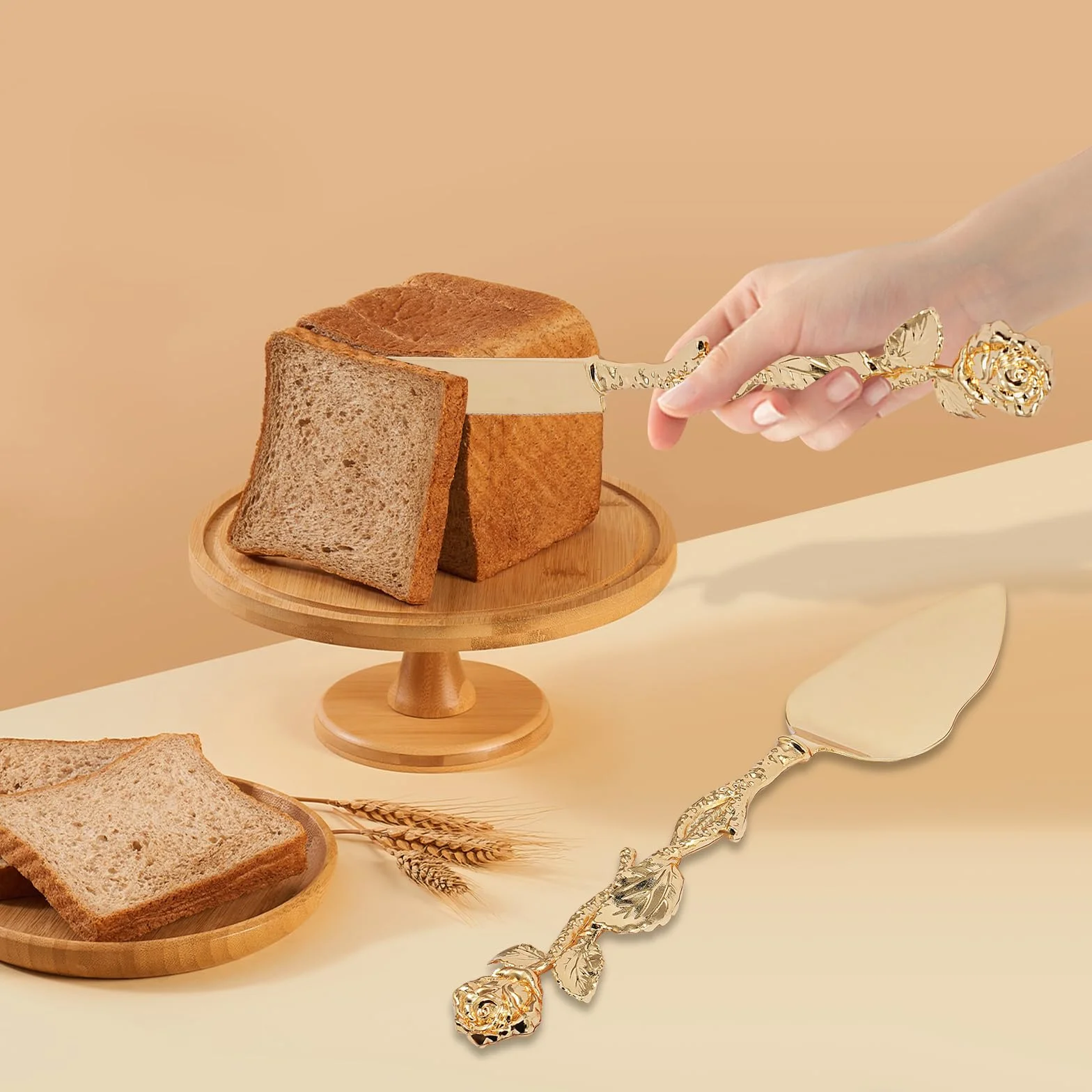 Set de Service à Gâteau Doré avec Couteau et Pelle à Servir, Gravures Rose, Ustensiles Élégants pour Mariage