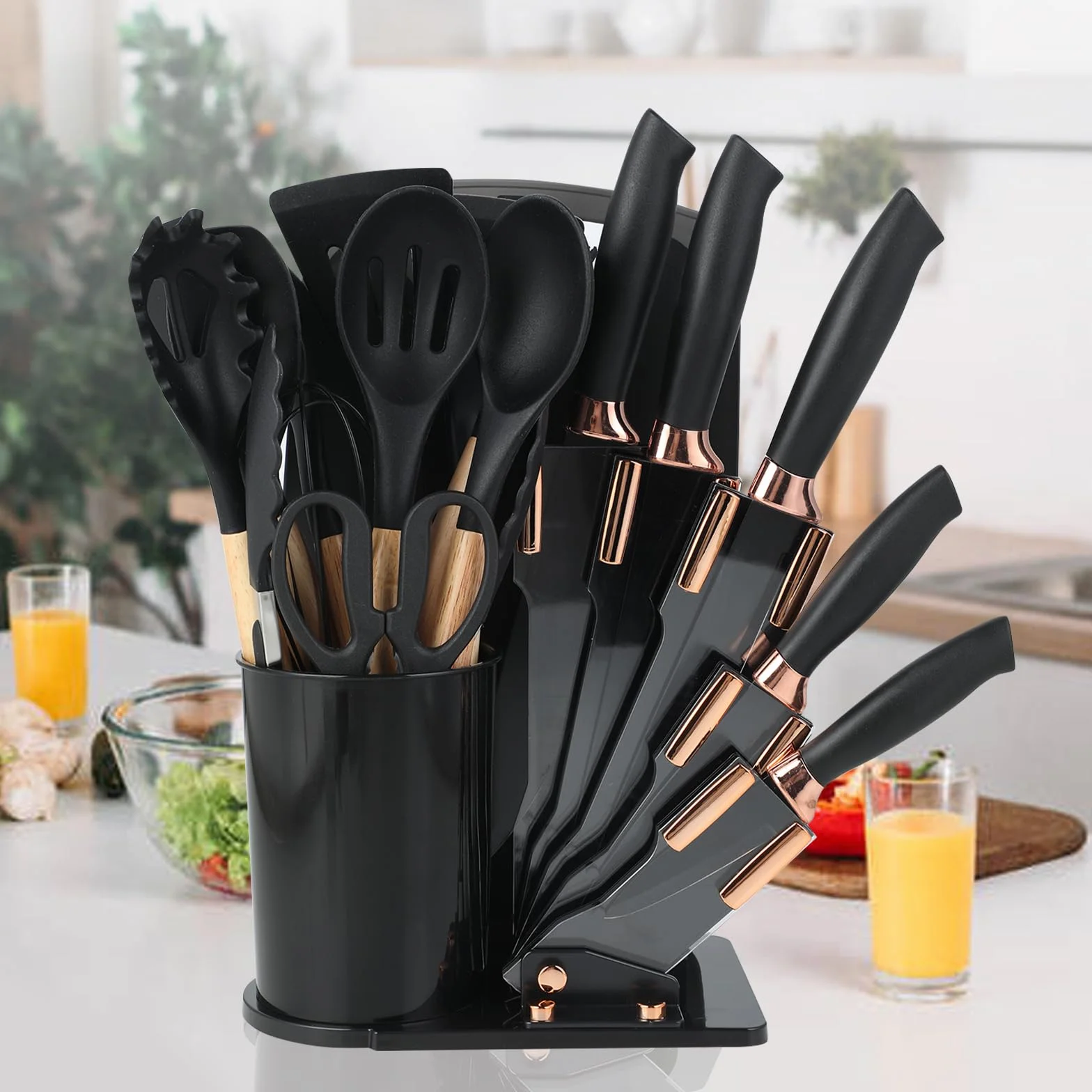 Lot de 19 couteaux de cuisine en silicone avec 12 ustensiles de cuisine, 5 couteaux, planche à découper et support, passe au lave-vaisselle