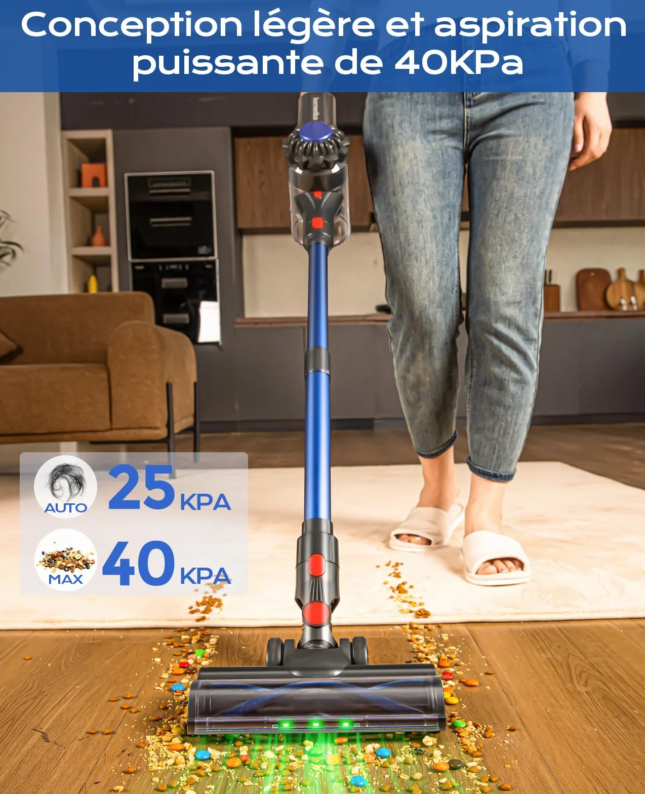 Aspirateur Balai sans Fil, 50Mins/40KPA/450W Aspirateur sans Fil, Aspirateur Balai avec LED Verte, Aspirateur avec Brosse à Plancher Améliorée, pour Tapis, Sols Durs, Poils d'animaux, Bleu