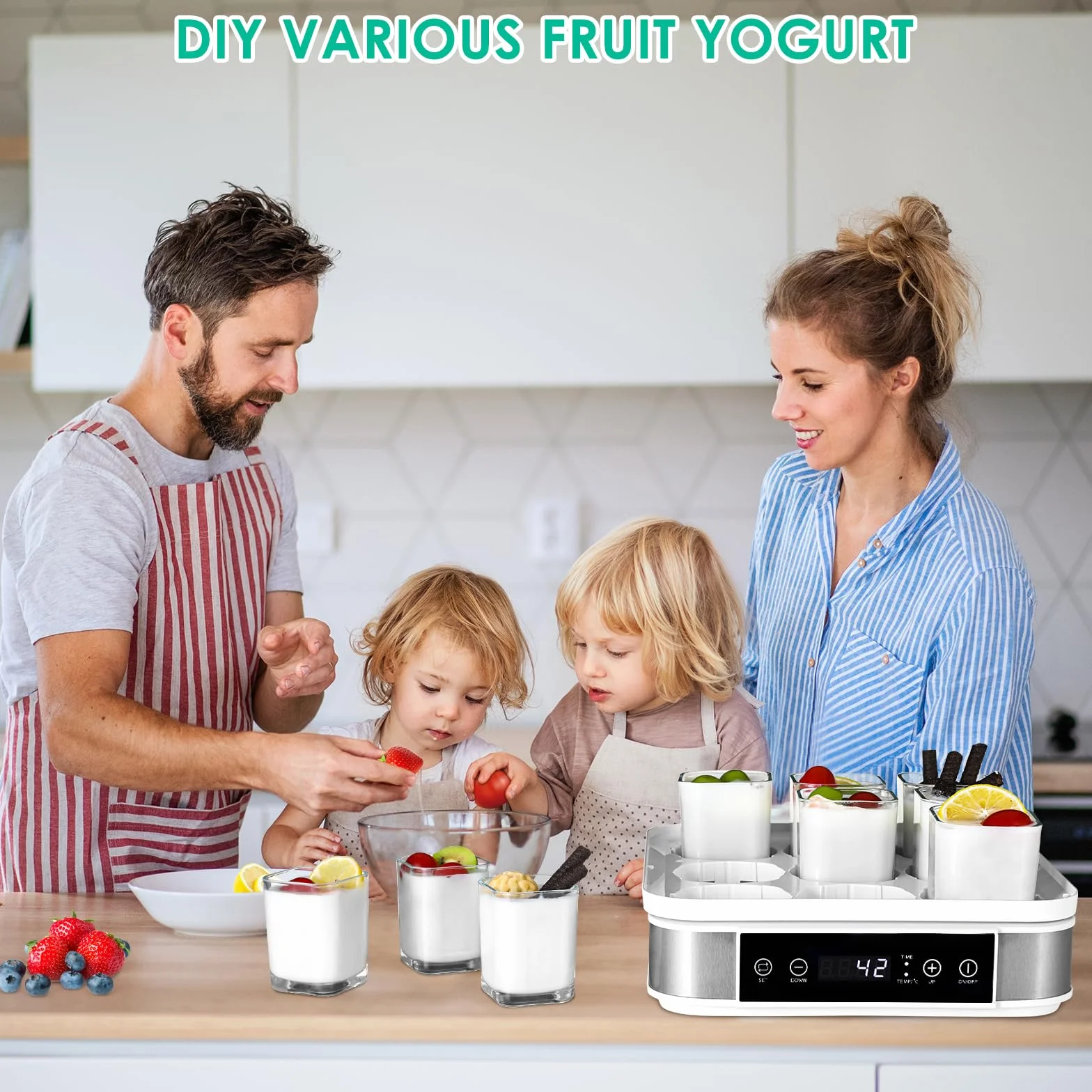 Yaourtière Électrique, Machine à Yaourt, Yaourtière Pratique et Compacte, avec Minuterie, Thermostat Réglable et Écran LED, avec 9 Pots en Verre de 170ml, sans BPA, 40 W