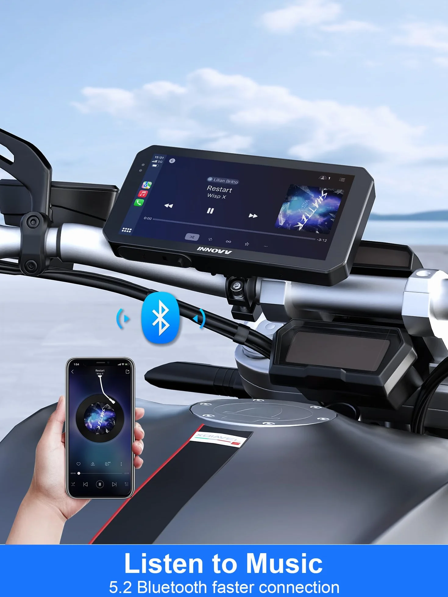INNOVV N2 Motocyklowa kamera samochodowa Carplay, ekran dotykowy 15.2 cm, obsługa systemu Android Auto i iOS, przednia i tylna kamera 2K + 2K z nawigacją GPS, tryb parkowania, muzyka, Wi-Fi 5,8 G