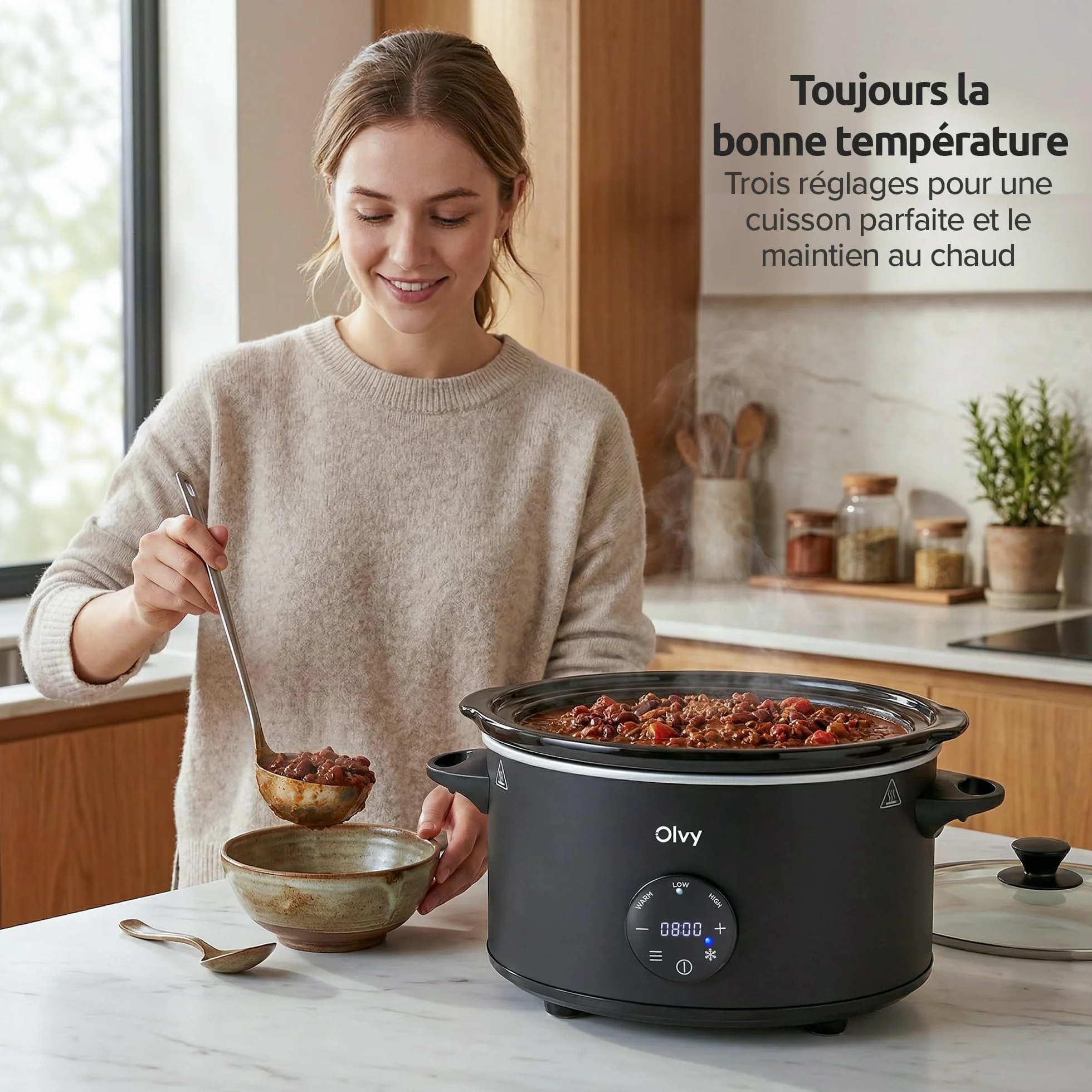 Olvy Mijoteuse numérique 6 l avec minuterie, écran tactile, fonction de maintien au chaud, fonction décongélation, minuterie 24 h, 3 niveaux, famille Meal Prep