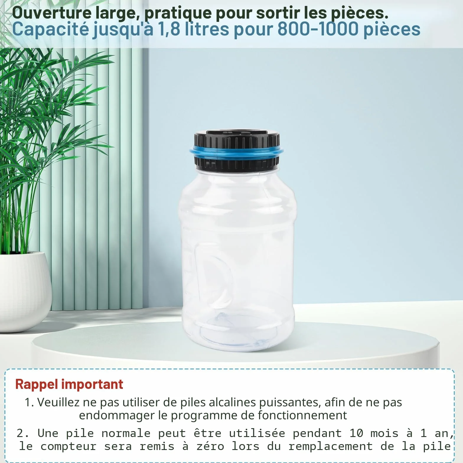 Tirelire numérique électronique avec écran LCD 1,8 l compteur de pièces transparent automatique
