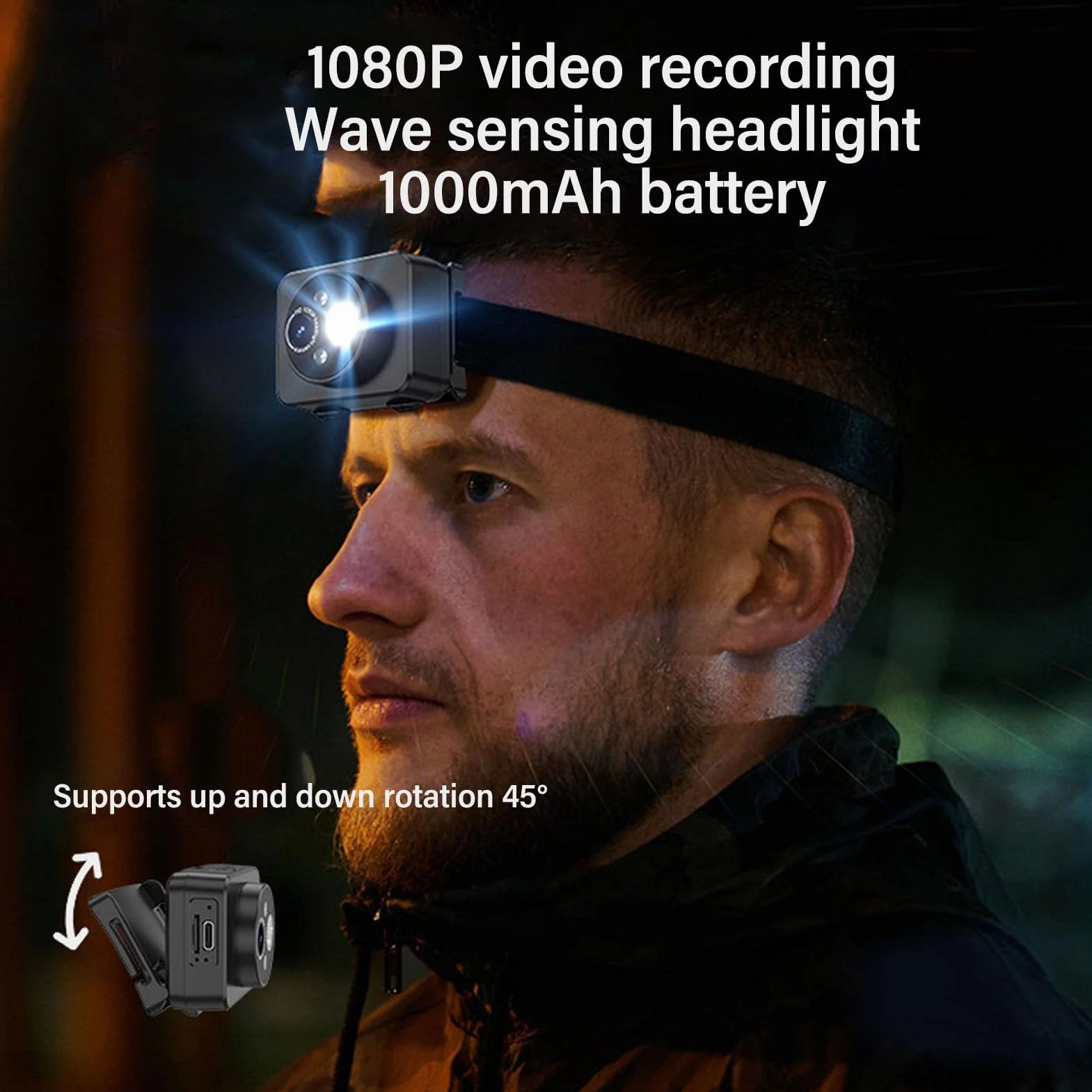 Kamera Wideo Montowana na Głowie, Kamera Czołowa LED 1080P, Rejestrator Wideo Montowany na Głowie z Oświetleniem Regulowanym Pod Kątem 45°,Inteligentne Wykrywanie, Bateria 1000MAh