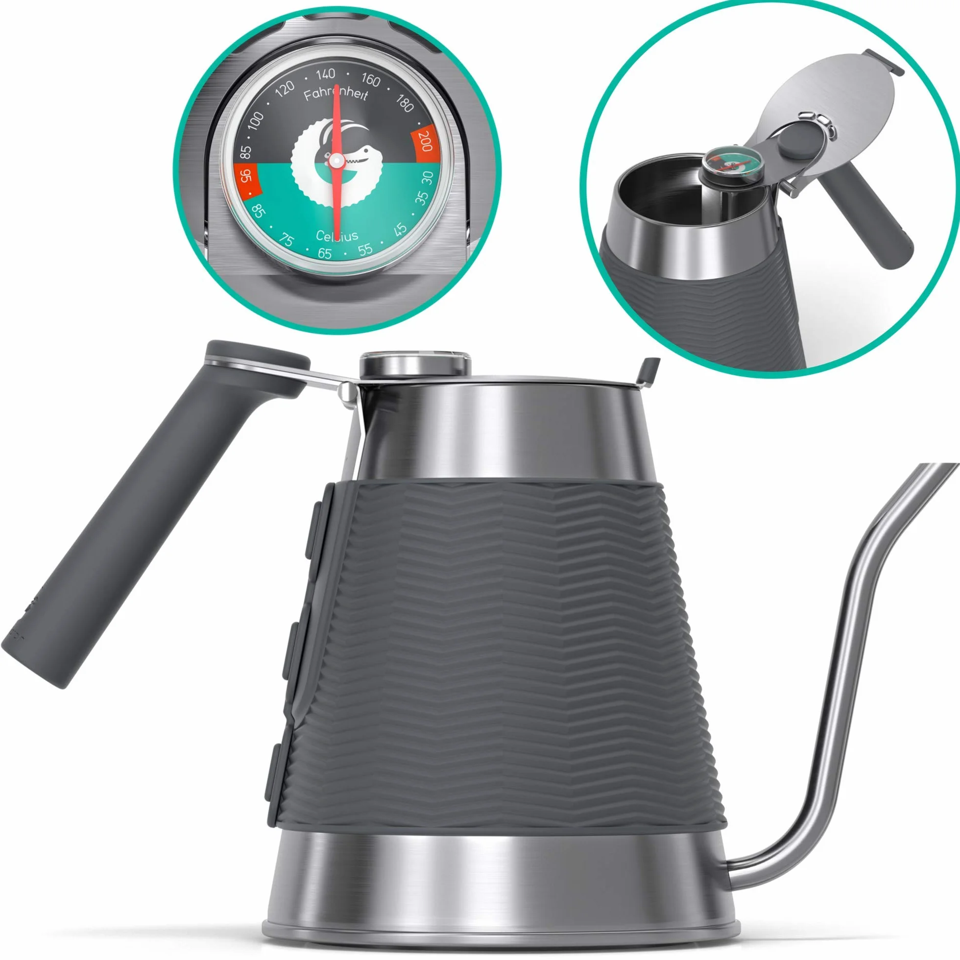 Bouilloire True Brew de Coffee Gator - Bouilloire professionnelle avec bec verseur de précision à col de cygne, thermomètre intégré et couvercle de remplissage rapide - Pour tous les plaques – 1,6l