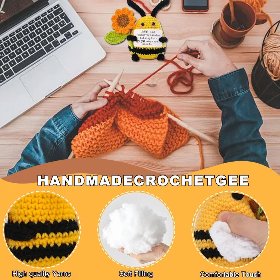 Poupée abeille au crochet faite à la main avec tournesol, peluche positive pour décoration de bureau, cadeau d'encouragement