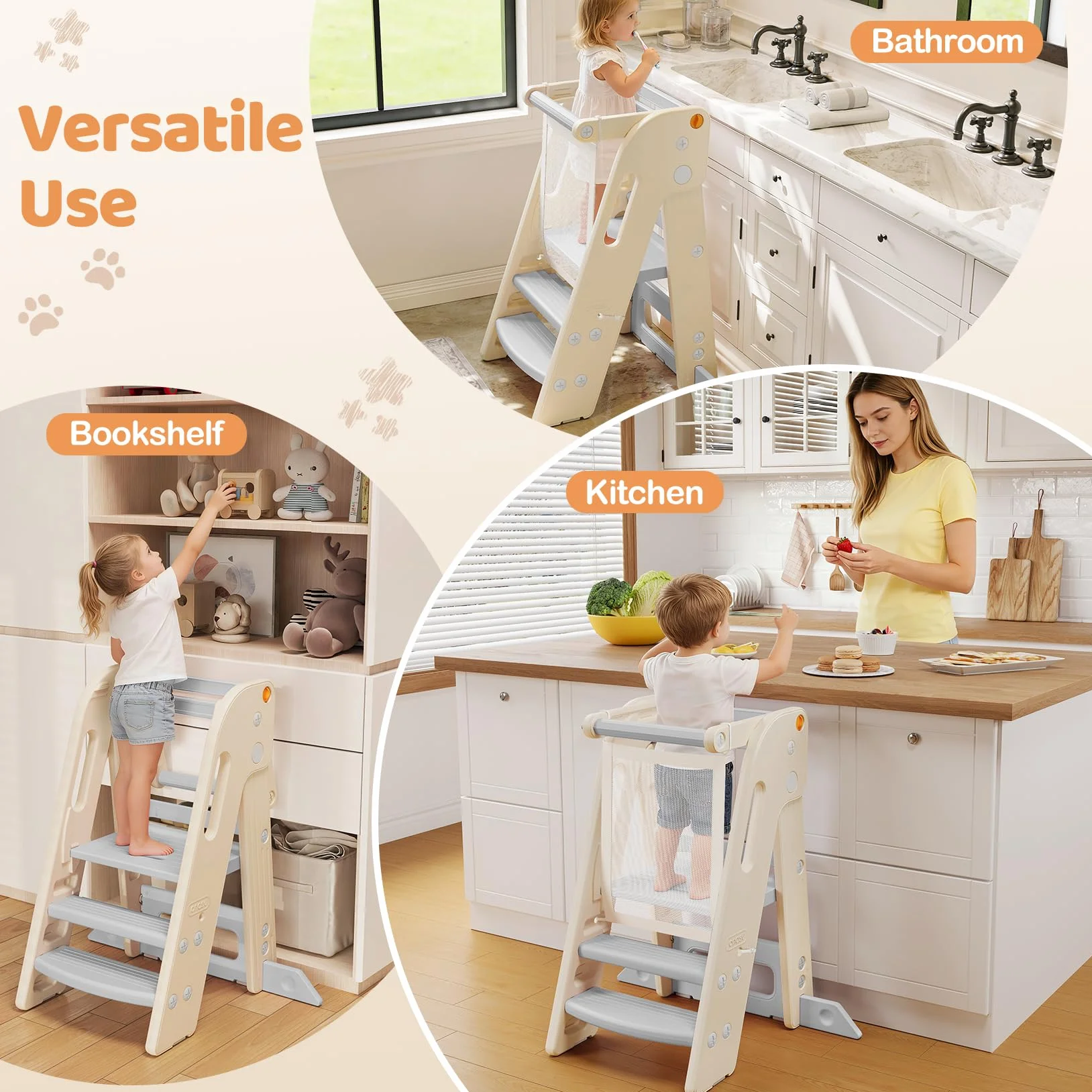 Tour d'apprentissage pour Enfants, Pliable, Tour d'observation équipée de barrières, Réglable en Hauteur, Tour d Observation Enfant pour Cusine|Salle de Bain|Chambre à Coucher, 1,5 à 6 Ans (Blanc)