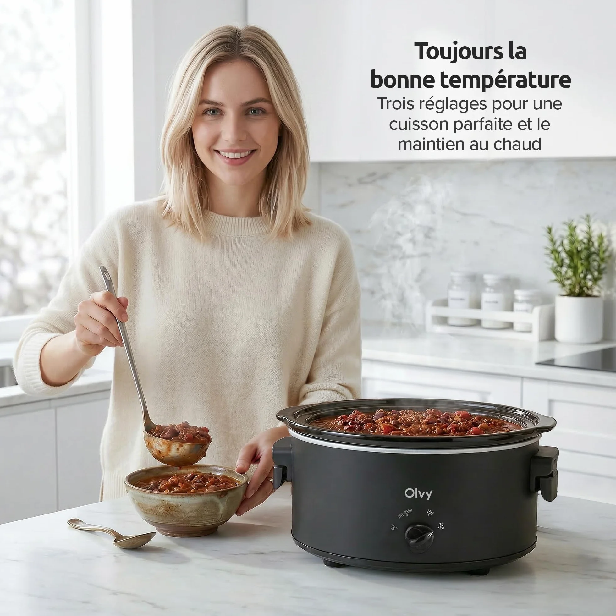 Olvy Mijoteuse 6 l en céramique avec 3 niveaux de cuisson et poignées pliables