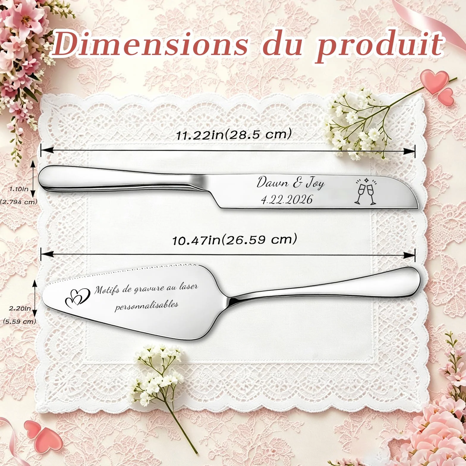 Service à Gâteau Mariage Pelle à Tarte Couteau Acier Inoxydable Argenté Cadeau Romantique