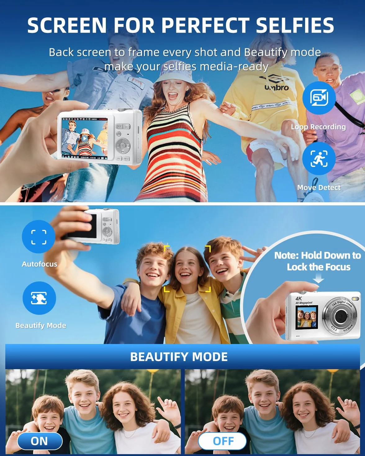 ARNSSIEN Aparat Cyfrowy Podwójnym Ekranem, Autofokus 4K 48MP, Kamera Vlogowa dla Dzieci i Początkujących, z Kartą 32GB, 16X Zoom, Stabilizacja Obrazu, Idealny Prezent dla Chłopców i Dziewcząt,Y5