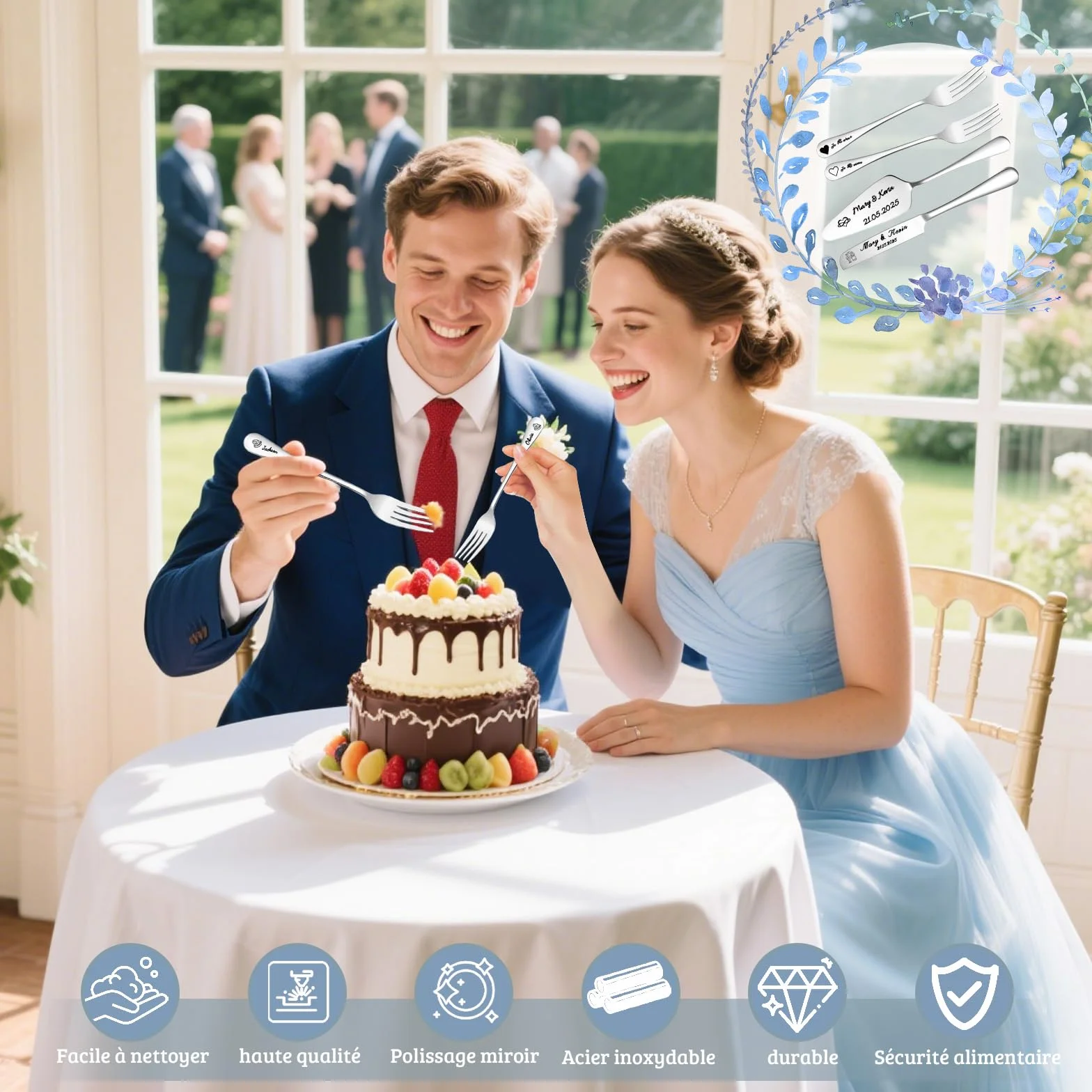 Couteau à Gâteau Mariage Personnalisé Ensemble Acier Inoxydable Gravure Cadeau Fiançailles Argent