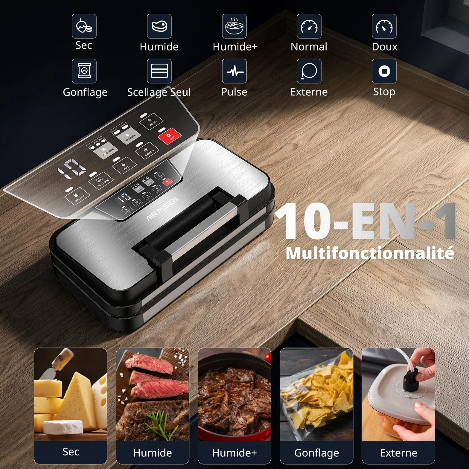 AIRMSEN 95 kPa Machine sous vide avec fonction gonflage, modes Sec/Humide, double scellage 30 cm, coupe-sac intégré, rouleau & bac amovible – conserve les aliments jusqu’à 8× plus longtemps