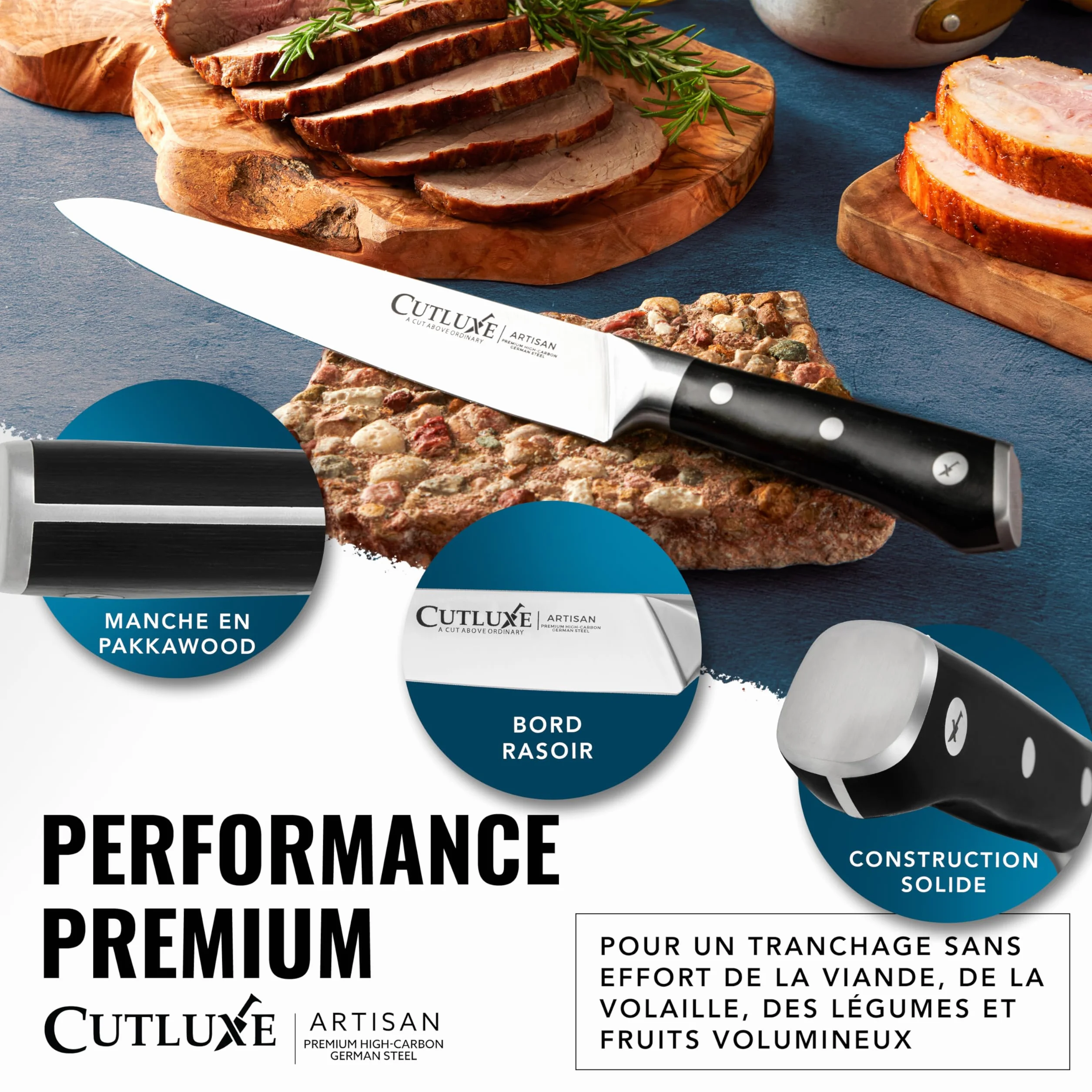 Cutluxe Ensemble de couteaux à découper pour la dinde - Couteau et fourchette pour viande, brisket, BBQ - Lame en acier allemand affûtée - Soie complète, poignée ergonomique - Série Artisan