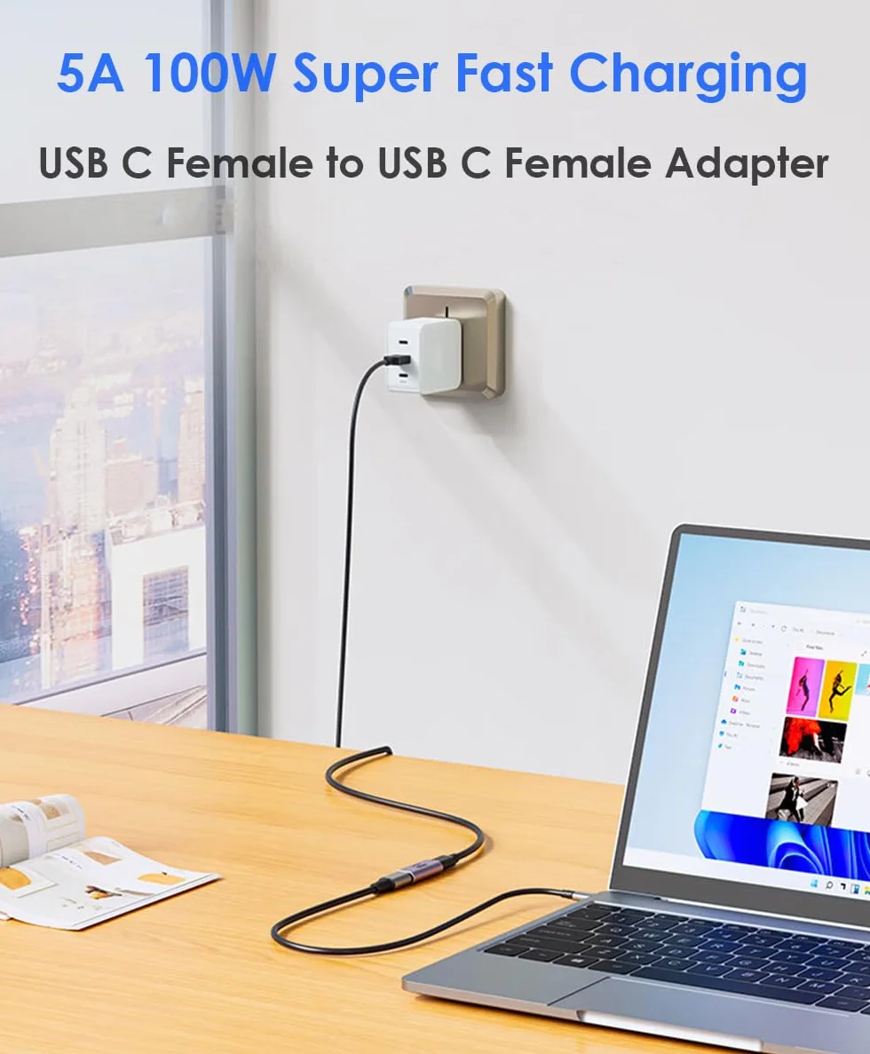 Adapter USB C do gniazda, złącze USB C, przedłużacz USB typu C, obsługuje transmisję 40 Gbit/s, ładowanie 100 W, 8 K/60 Hz, kompatybilny z Thunderbolt 4/3, MacBook Pro/Air i wieloma innymi
