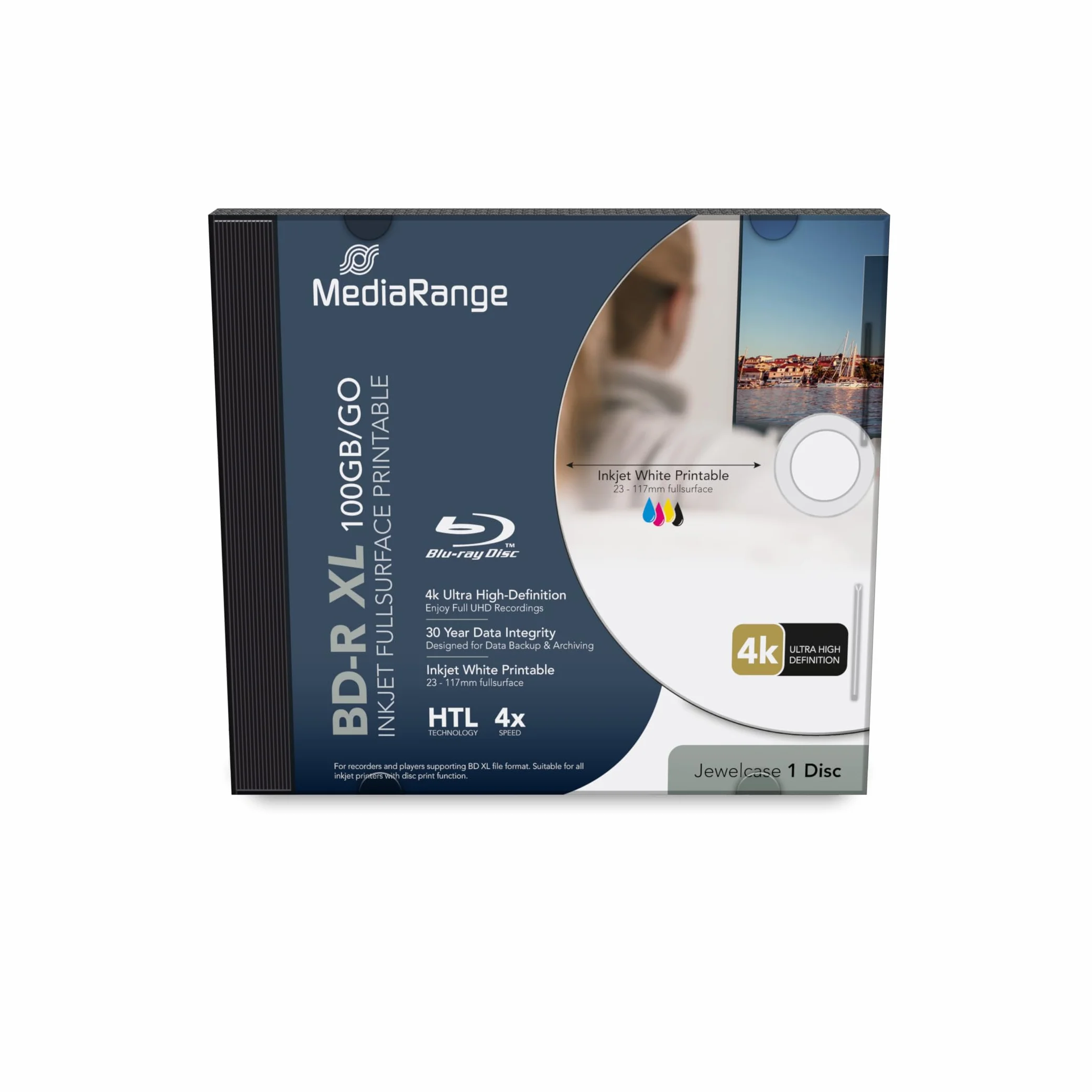 MediaRange BD-R XL 100 GB, 4-krotna prędkość zapisu atramentowa Full Surface, pojedynczy dysk w etui na biżuterię