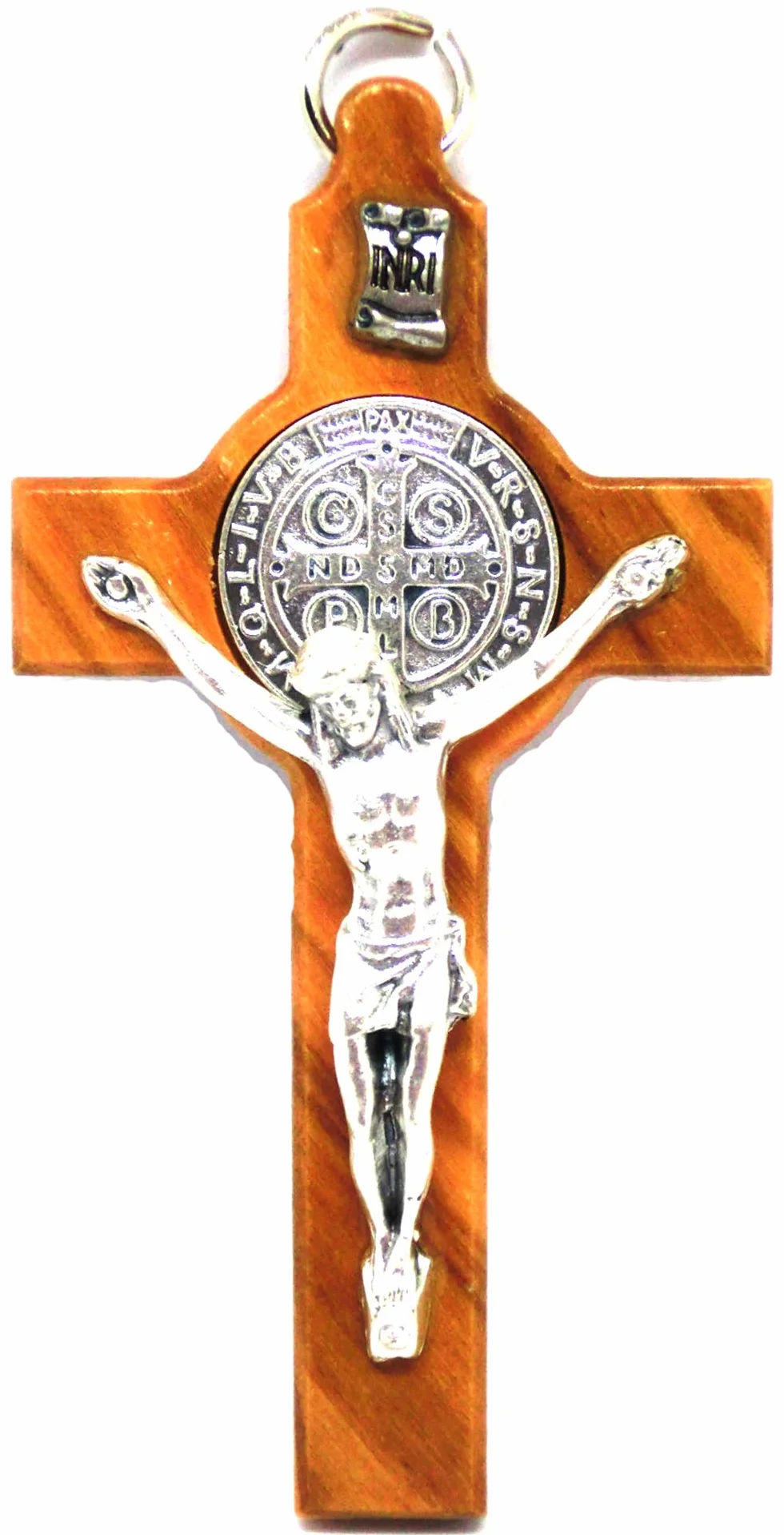 Croix de Saint Benoît en bois d'olivier 8 cm avec médaille et anneau