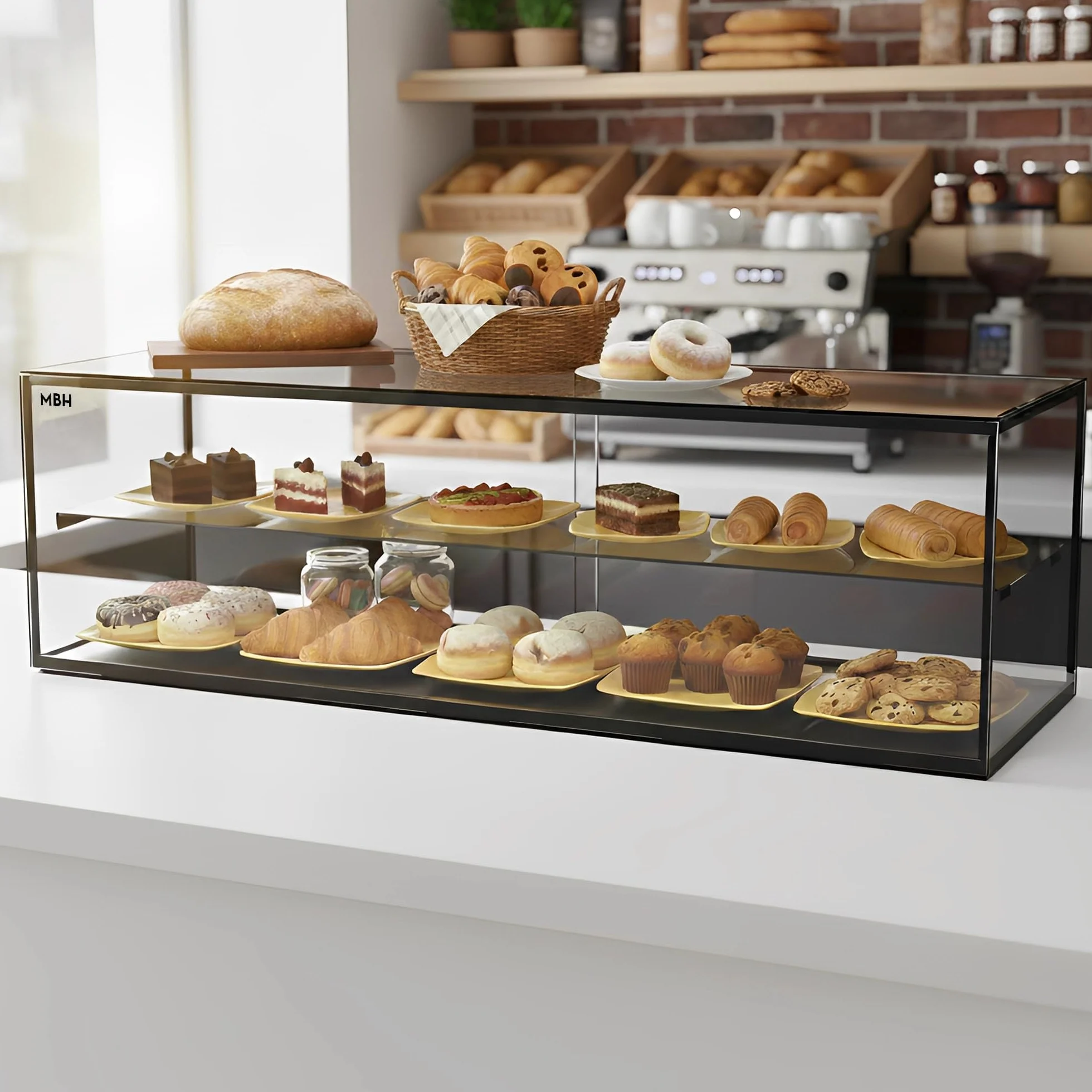 MBH - Vitrine Neutre de comptoir 120x39 cm, vitrage Droit trempé, 2 Niveaux, sans éclairage LED, Portes arrière coulissantes, pour Bar, café, Restaurant, viennoiseries et pâtisserie.