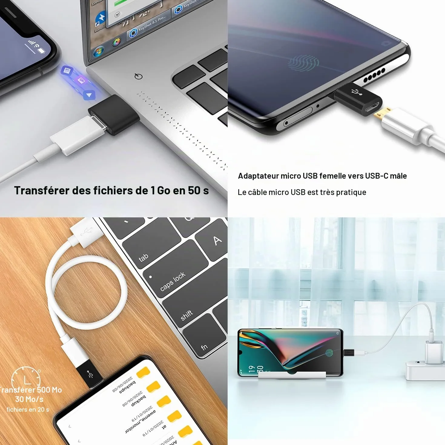 Lot de 4 Adaptateurs USB C vers USB 3.0 OTG, Micro USB vers USB C Compatible MacBook Pro Air iPhone 17 16 15 iPad Samsung Galaxy S25 S24 S23 A56 A16