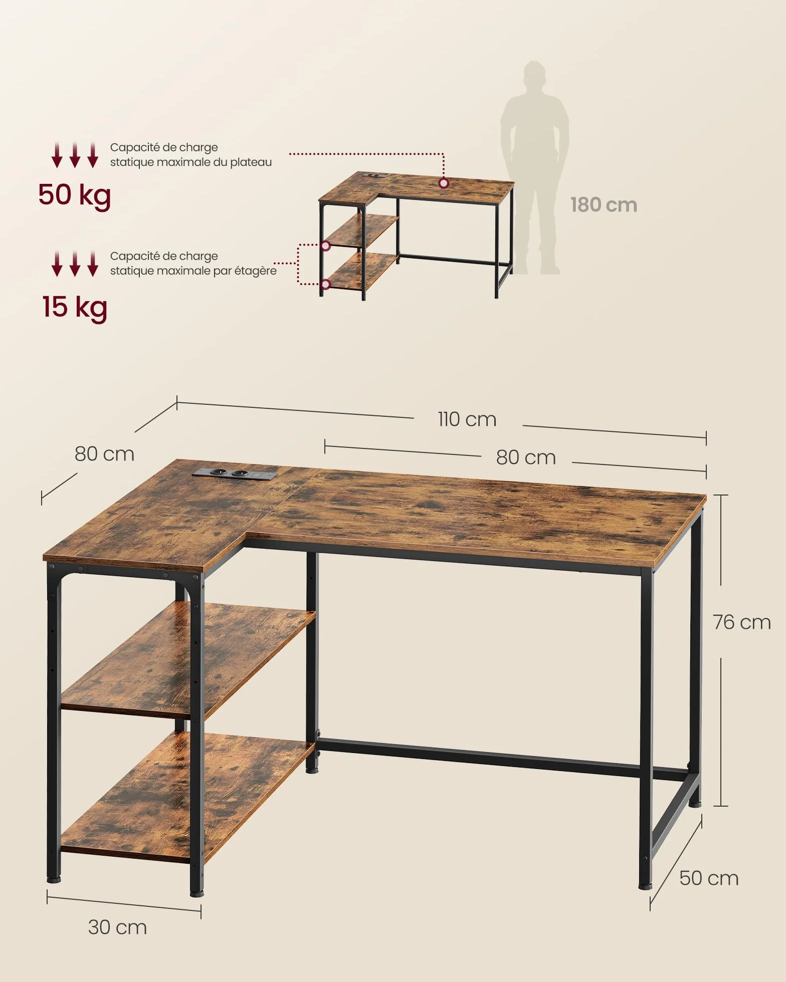 VASAGLE Bureau Gaming en L avec Rangement, Prises et Ports USB, 110 x 80 cm, Marron Rustique