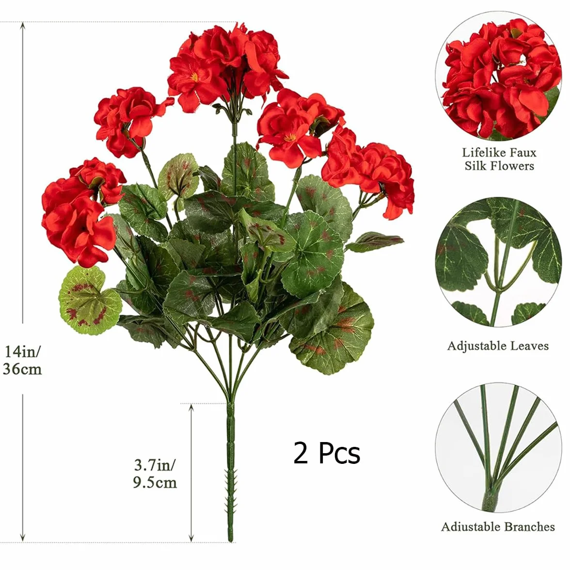 Laelfe Géranium Artificiel Extérieur Lot de 2 Buisson Fausses Fleurs Rouge Décoration Jardin