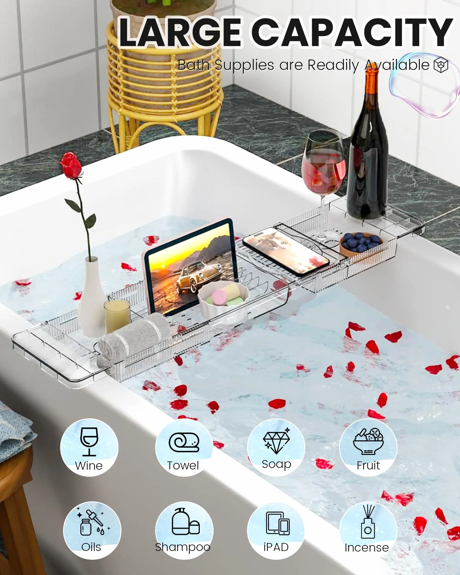 Plateau Baignoire Extensible en Acrylique avec Support pour Bougie, Verre, Livre, Tablette, Ipad et Téléphone