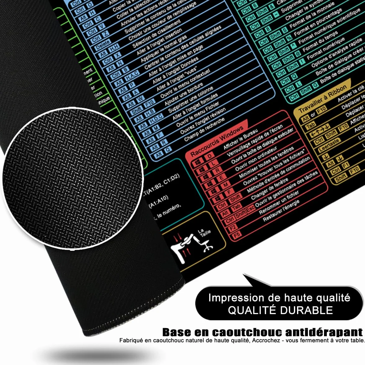 Excel Shortcuts Tapis de souris XL Grand tapis de souris de jeu Noir Sous-main Bureau