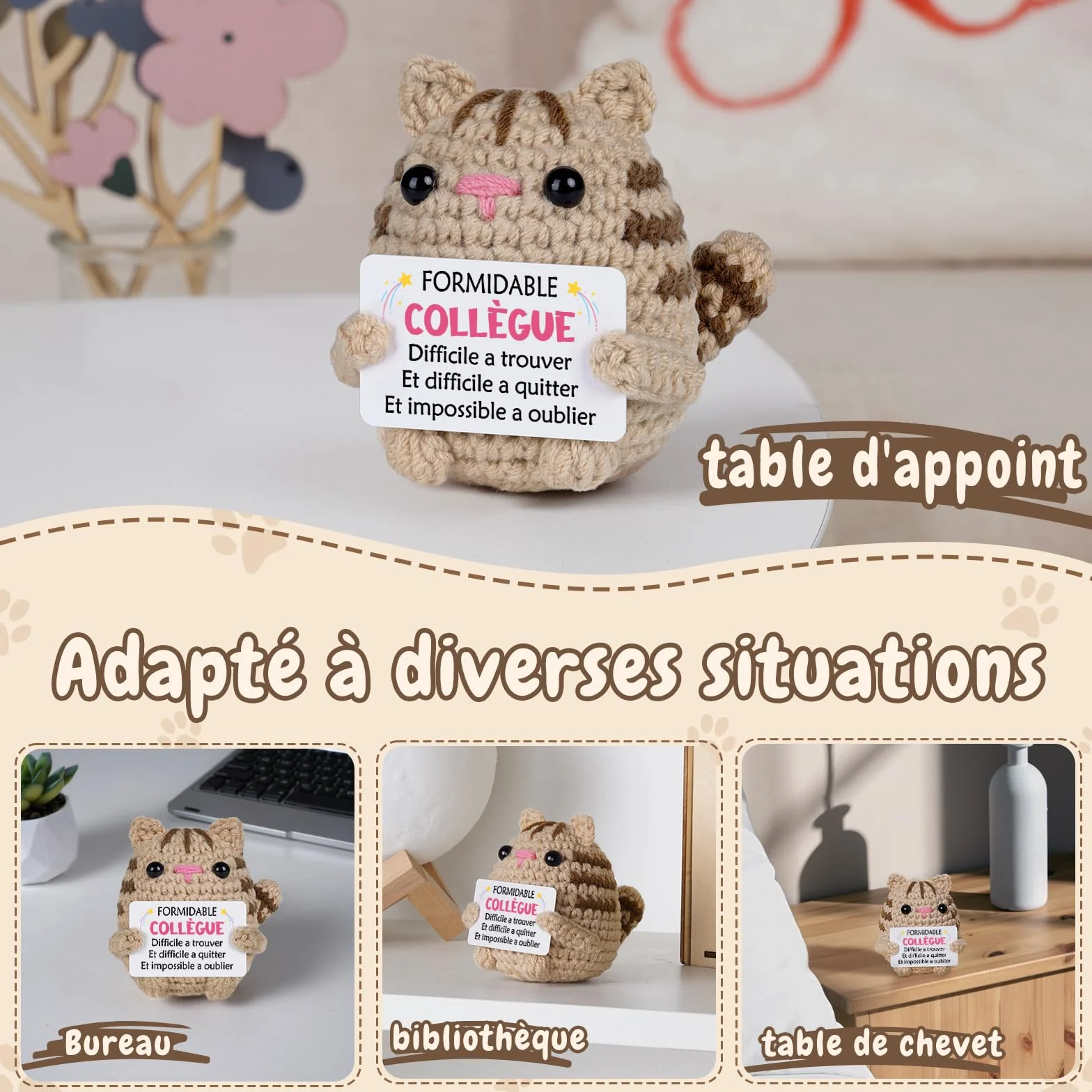 Peluche chat crochetée à la main avec carte de vœux, Cadeau Départ Collègue Femme, Décoration Bureau Maison