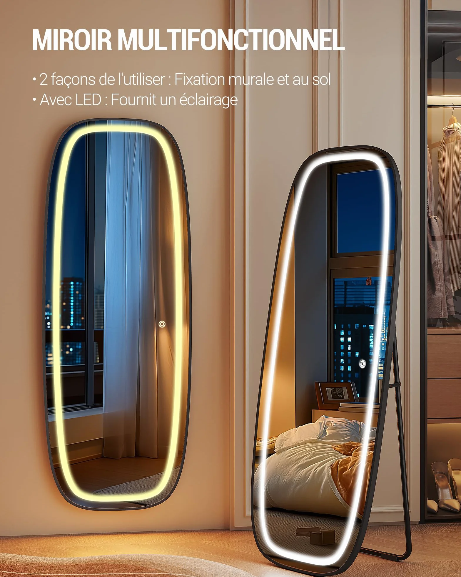 Hzuaneri Miroir sur Pied LED 160 x 50 cm, 3 Couleurs de Lumière, Luminosité Réglable, Noir