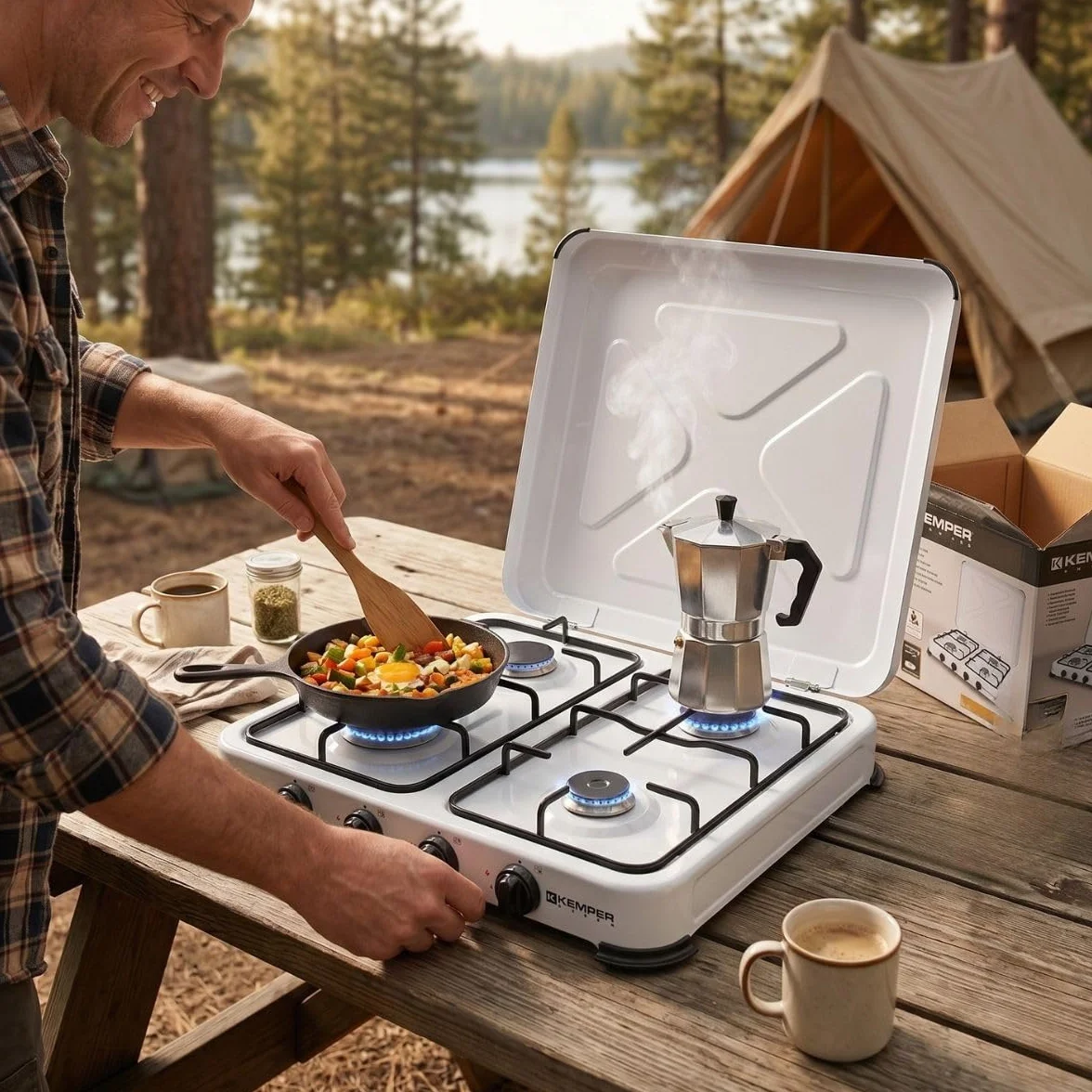 KEMPER - Plaque de cuisson gaz portable 4 feux - Réchaud gaz 4650W Blanc Couvercle et grilles amovibles Ideal Camping, Balcon, Cuisine Exterieure