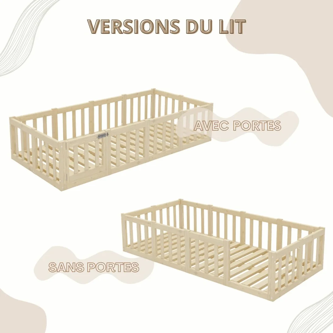 Lit Enfant 180x140 cm – Lit Montessori au Sol avec Barrière 40 cm et Barrière Amovible - Bois Blanc avec Surface Lisse - Parfait pour Garçons et Filles Crazy Johnny